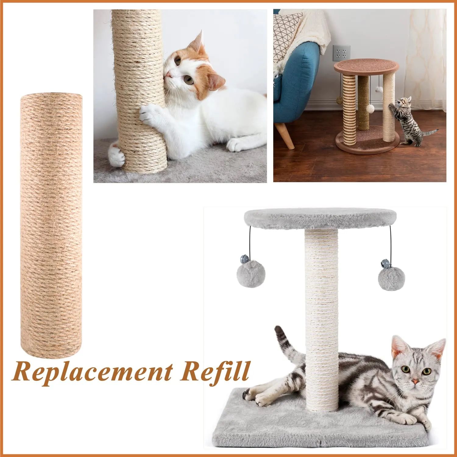 12 Inch Cat Scratching Posts Jute Rope Replacement Refill for Cats Tower Kittens Scratch Pole Perch Interactive Toys Carpeted Furniture Scratching Deterrent Tree Indoor or Wall 2 Pack Sisal