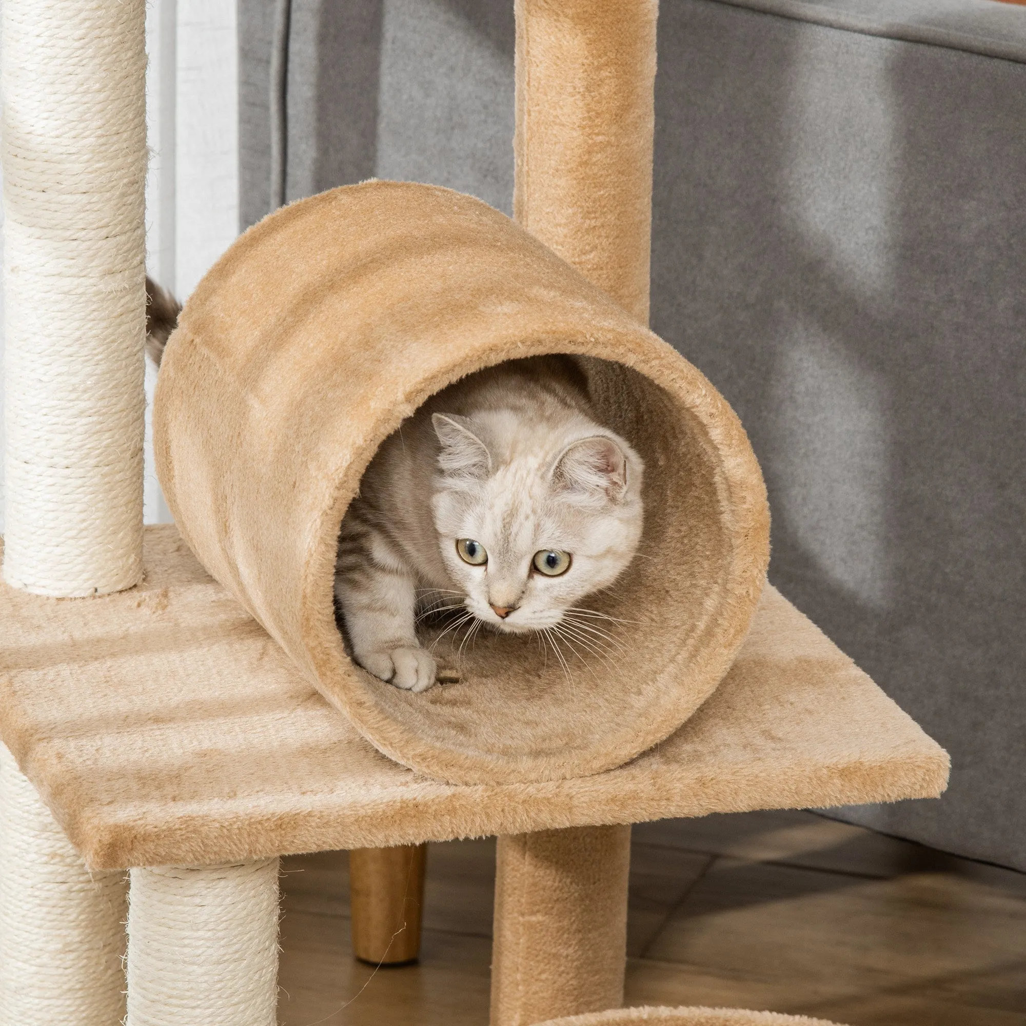 121cm Cat Tree Tower for Indoor Cats Kitten Activity Centre Scratching Post with Bed Tunnel Perch Interactive Ball Toy Brown