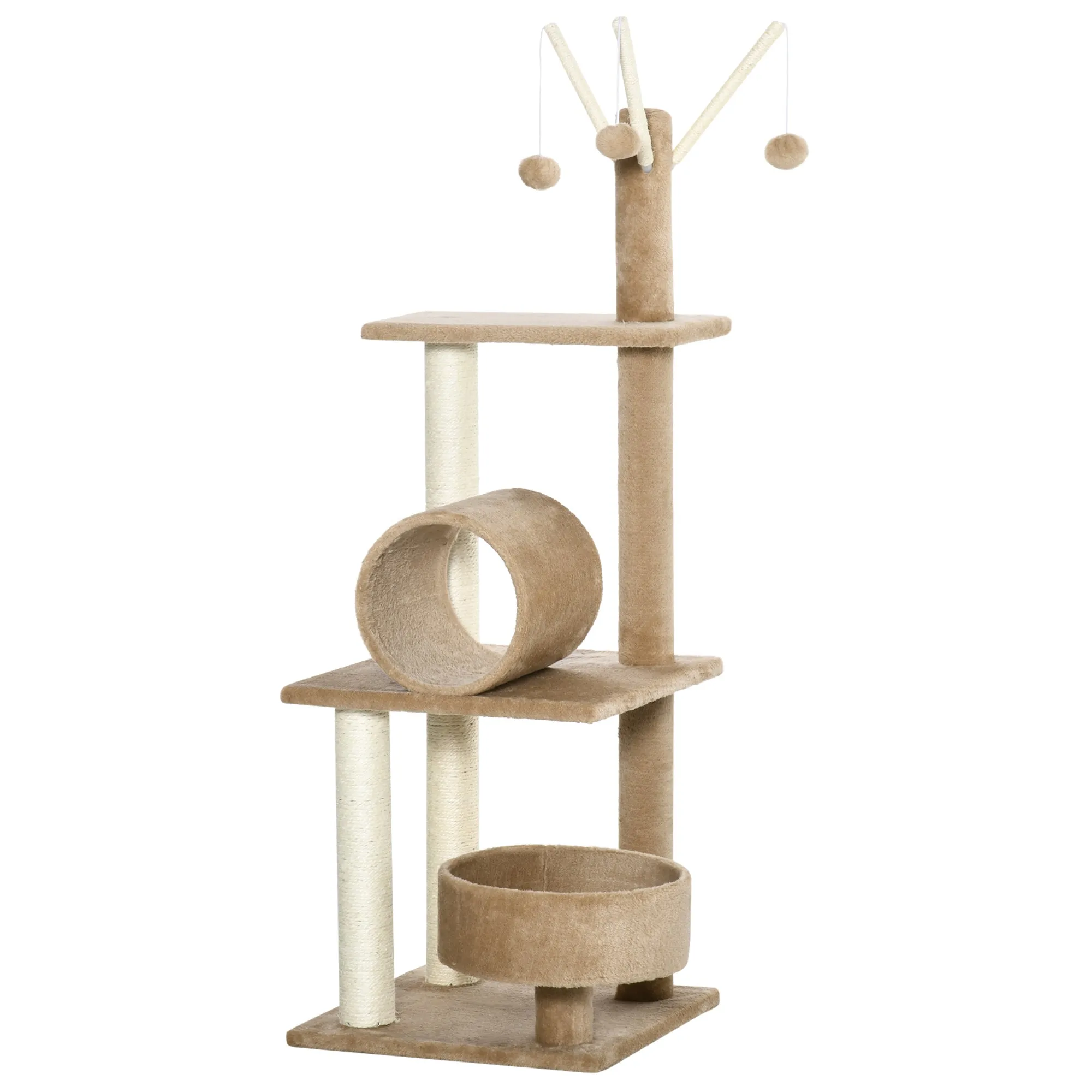121cm Cat Tree Tower for Indoor Cats Kitten Activity Centre Scratching Post with Bed Tunnel Perch Interactive Ball Toy Brown