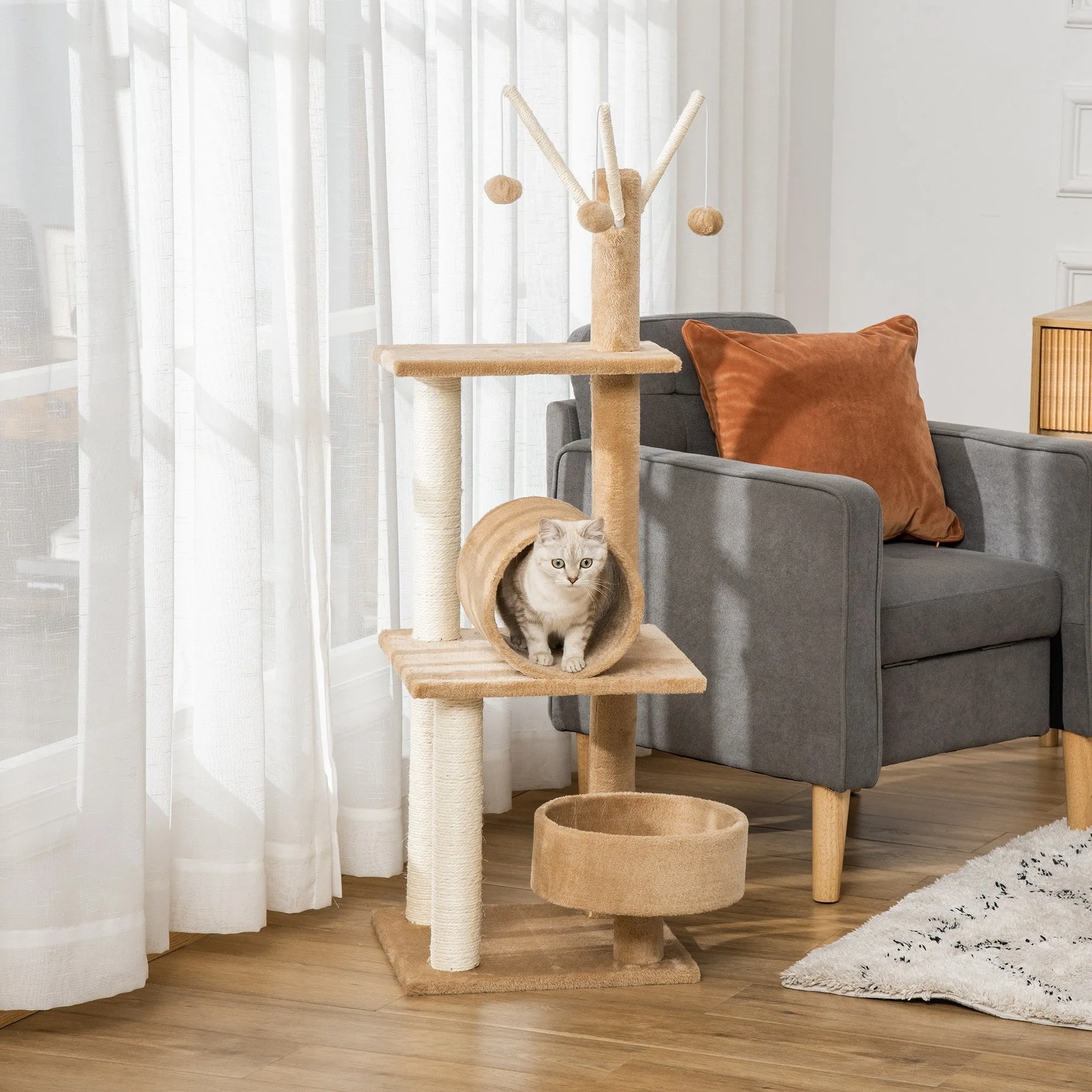 121cm Cat Tree Tower for Indoor Cats Kitten Activity Centre Scratching Post with Bed Tunnel Perch Interactive Ball Toy Brown