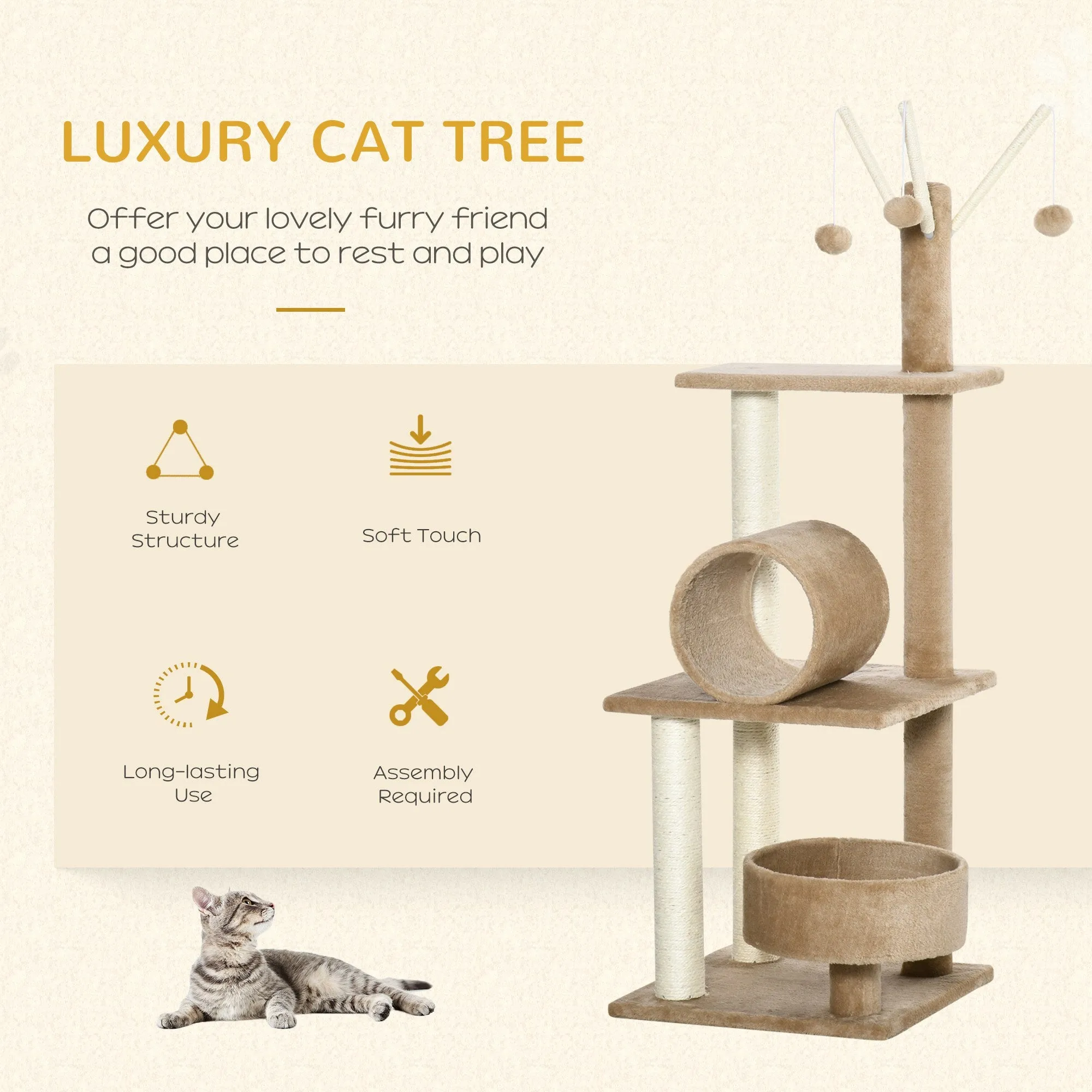 121cm Cat Tree Tower for Indoor Cats Kitten Activity Centre Scratching Post with Bed Tunnel Perch Interactive Ball Toy Brown
