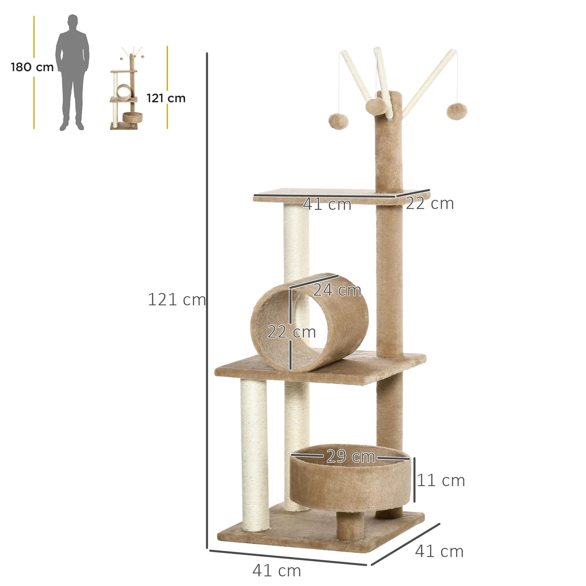 121cm Cat Tree Tower for Indoor Cats Kitten Activity Centre Scratching Post with Bed Tunnel Perch Interactive Ball Toy Brown