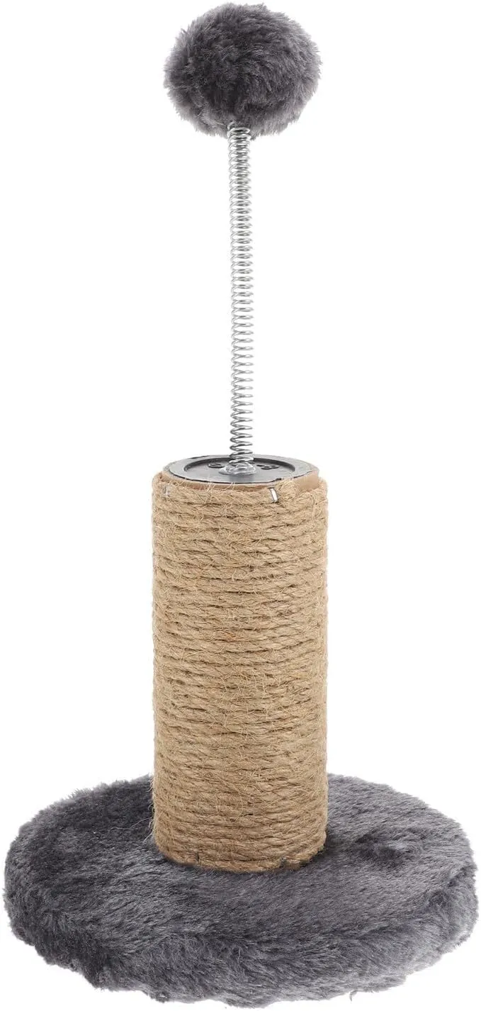 12" Cat Scratching Post Natural Sisal Cat Scratcher Cat Scratch Tower with Spring & Interactive Toys Cat Create (Grey, One Size)