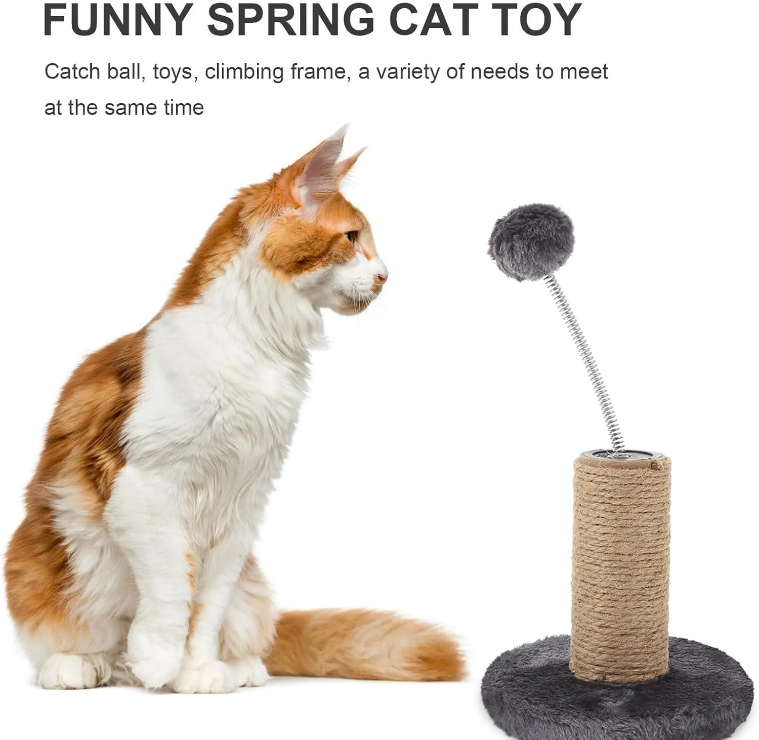 12" Cat Scratching Post Natural Sisal Cat Scratcher Cat Scratch Tower with Spring & Interactive Toys Cat Create (Grey, One Size)