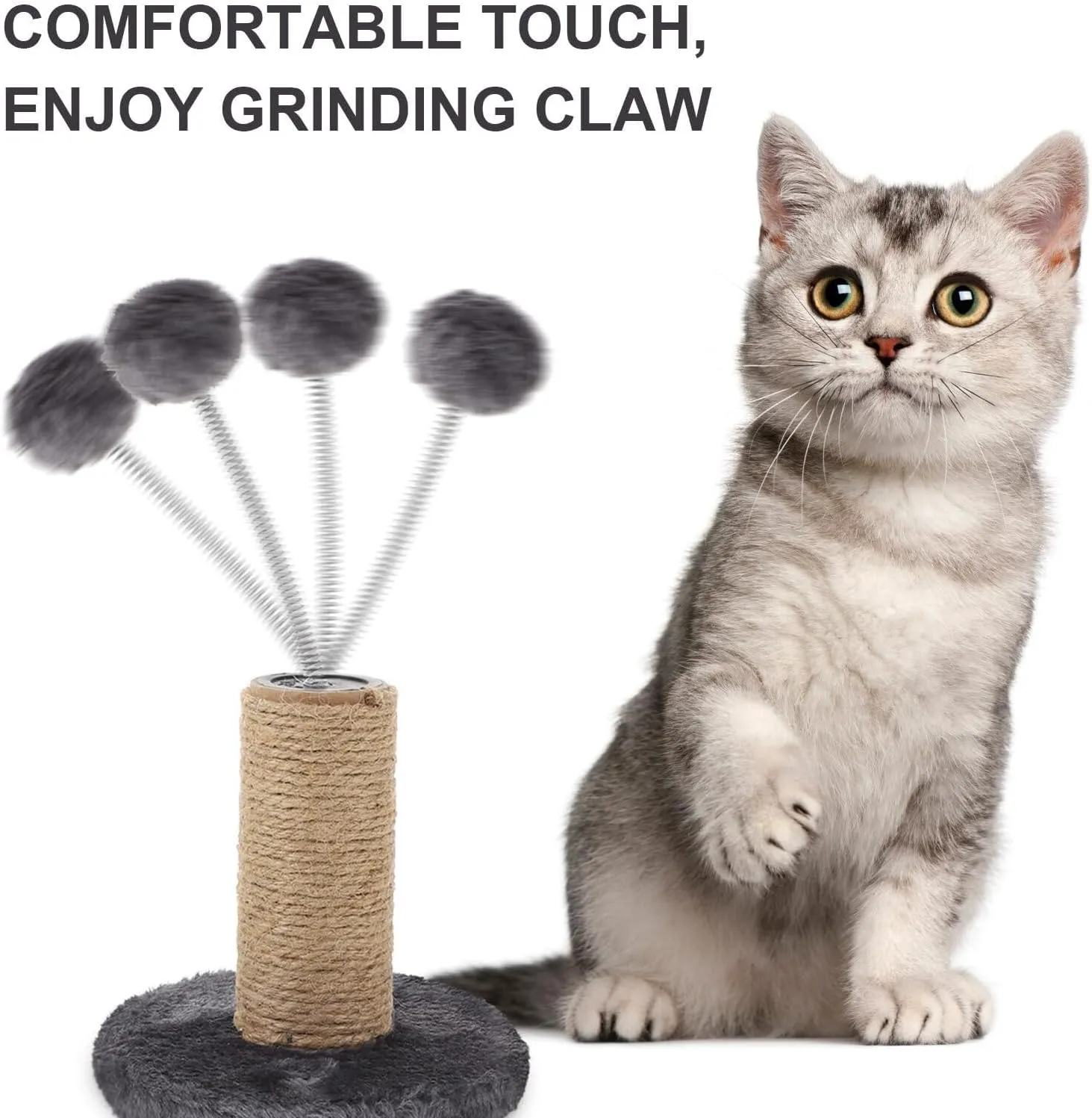 12" Cat Scratching Post Natural Sisal Cat Scratcher Cat Scratch Tower with Spring & Interactive Toys Cat Create (Grey, One Size)