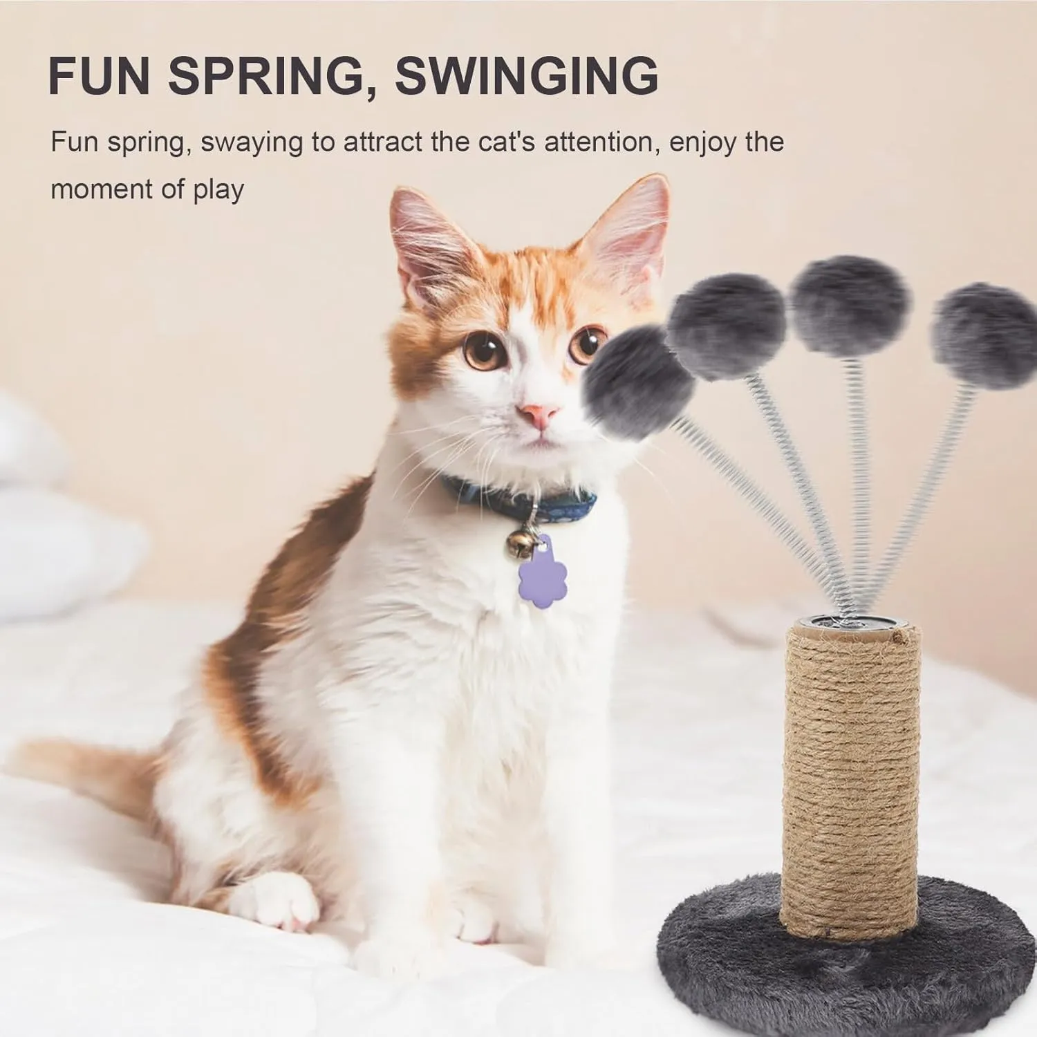 12" Cat Scratching Post Natural Sisal Cat Scratcher Cat Scratch Tower with Spring & Interactive Toys Cat Create (Grey, One Size)