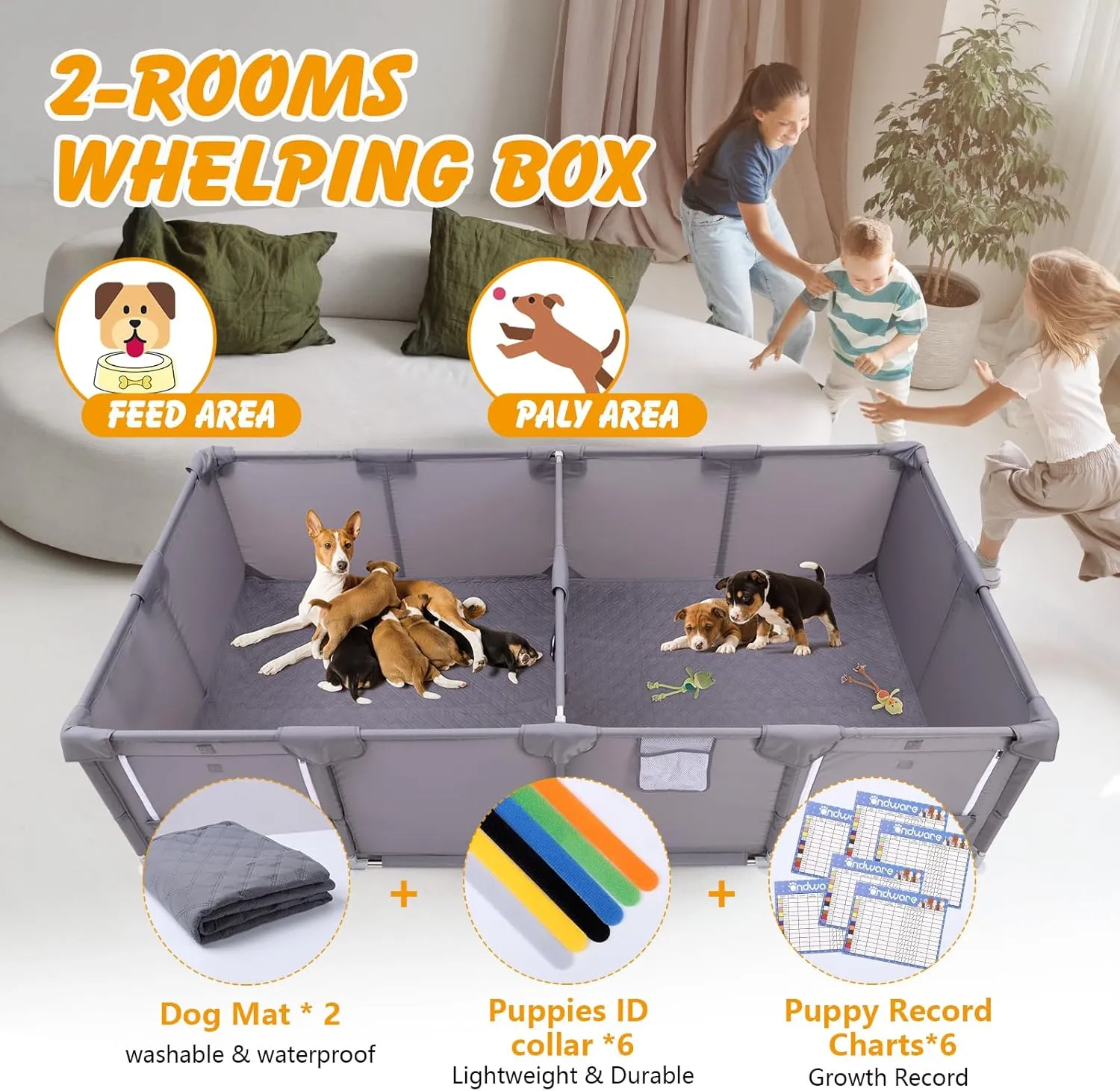 2-Room Whelping Box for Dogs and Puppies, 96x48x26in Dog Whelping Box with Waterproof Pad, ID Collars and Puppy Record, Sturdy 150D Oxford Fabric for Medium/Small Breeds