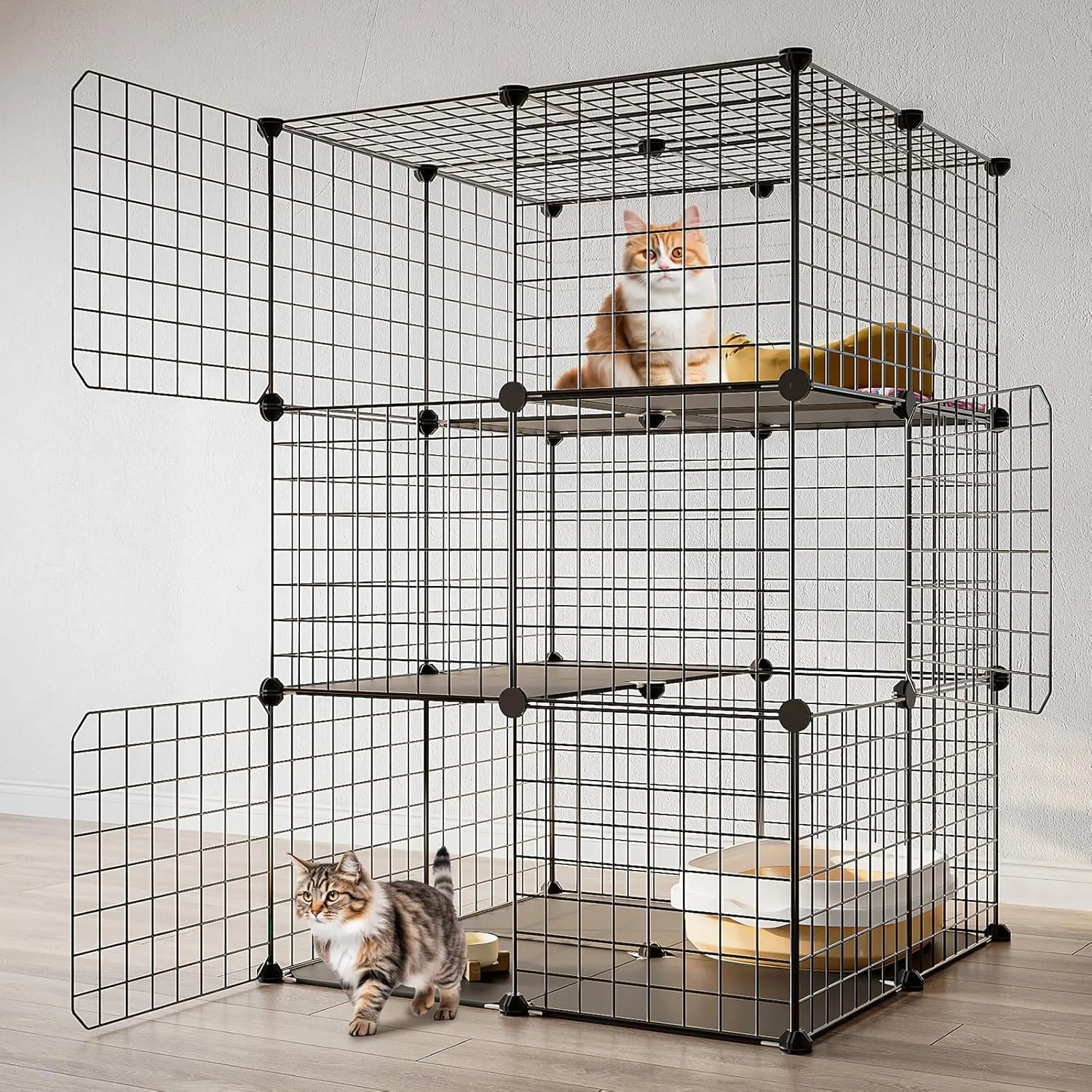 3-Tier Cat Cage Indoor Enclosure DIY Cat Playpen Catio Detachable Metal Wire Kennels 2Lx2Wx3H Crate Large Exercise Place Ideal for 1-2 Cats, Black