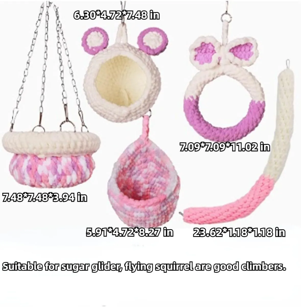 5Pcs Hamster Cage Hammock Small Animals Hanging Hammocks with Squirrel Cages Accessories Hang Tunnel Swing for Sugar Glider Toys Rat Swing Jungle Set Plush Hamsters Warm Beds (Pink)