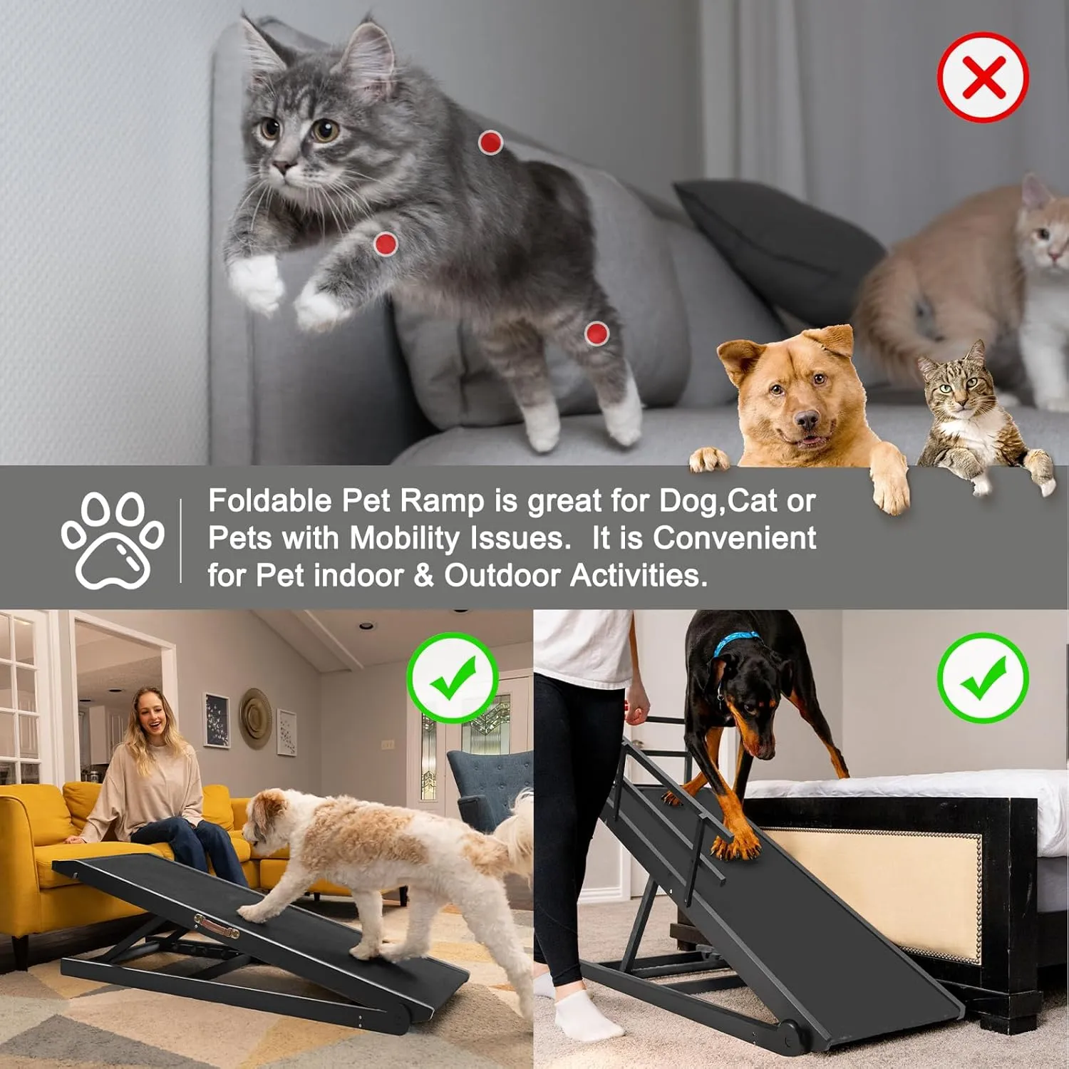ABORON Dog Ramp,Adjustable Folding Pet Ramp for Bed,Couch,SUV - High Traction Portable Rubber Paw Ramps,Great for Small & Large Old Dogs & Cats, Supports up to 200 lbs,55''Long