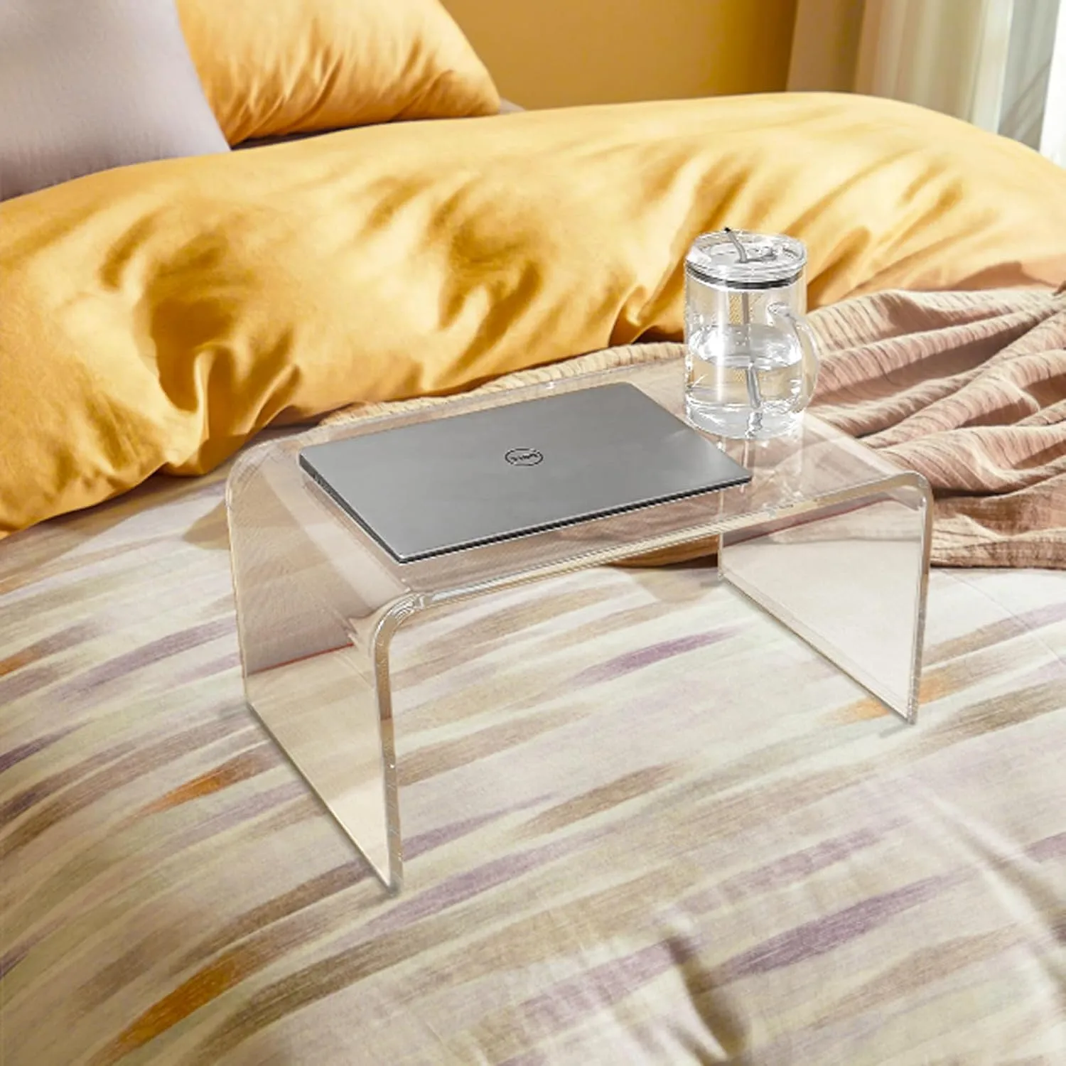 Acrylic Side Table,12" D x 20" W x 10" H, Clear Multipurpose C-Shape End Table Bed Desk Laptop Table for Living Room Bedroom Balcony Patio and Office Desk for Reading