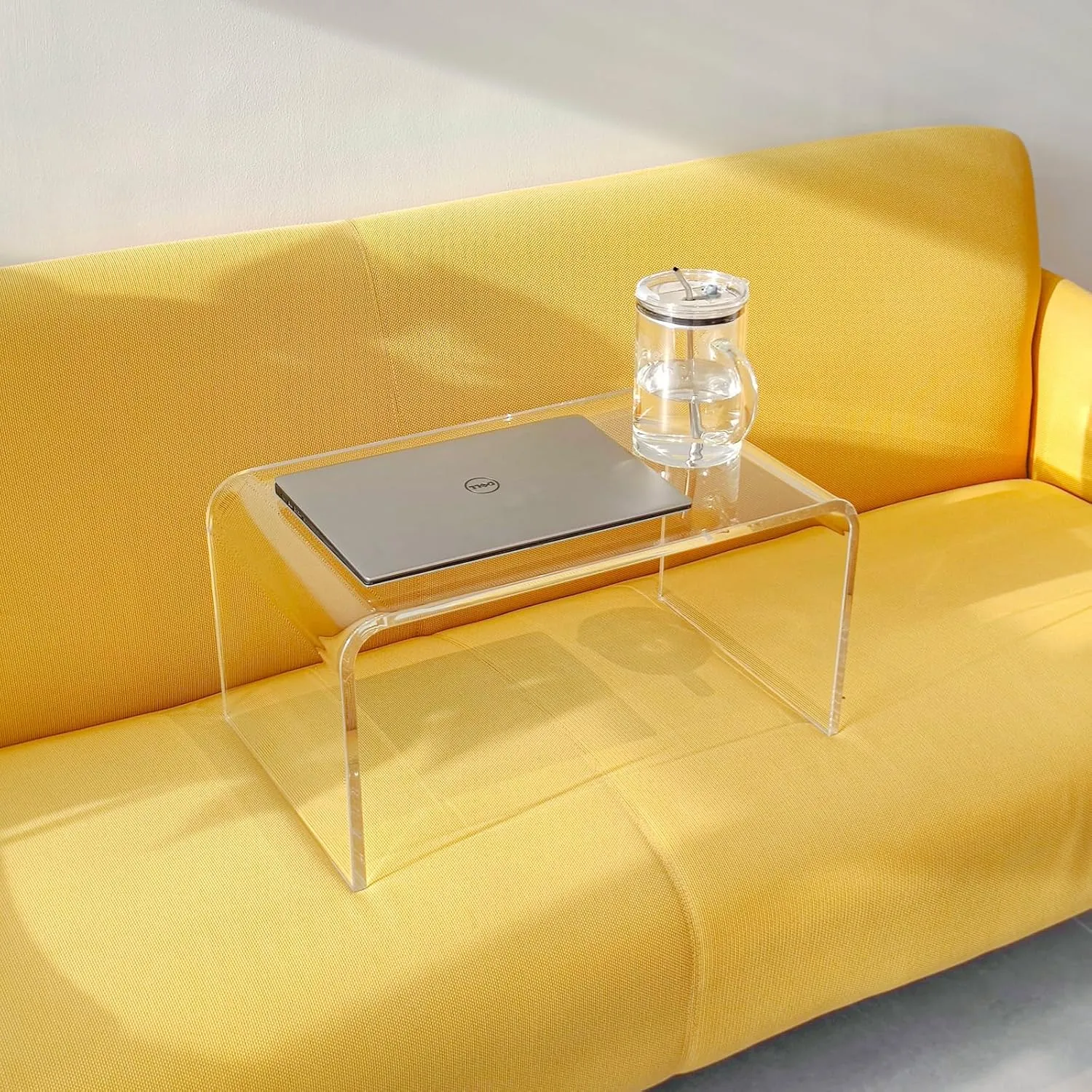 Acrylic Side Table,12" D x 20" W x 10" H, Clear Multipurpose C-Shape End Table Bed Desk Laptop Table for Living Room Bedroom Balcony Patio and Office Desk for Reading