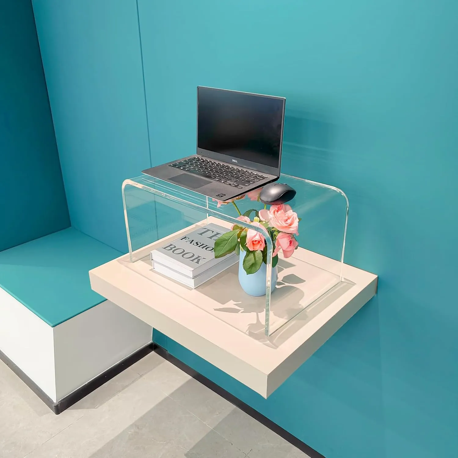 Acrylic Side Table,12" D x 20" W x 10" H, Clear Multipurpose C-Shape End Table Bed Desk Laptop Table for Living Room Bedroom Balcony Patio and Office Desk for Reading