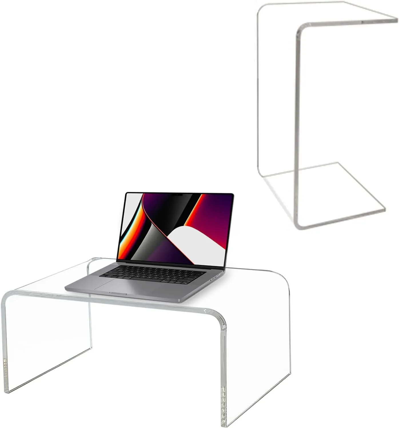 Acrylic Side Table,12" D x 20" W x 10" H, Clear Multipurpose C-Shape End Table Bed Desk Laptop Table for Living Room Bedroom Balcony Patio and Office Desk for Reading