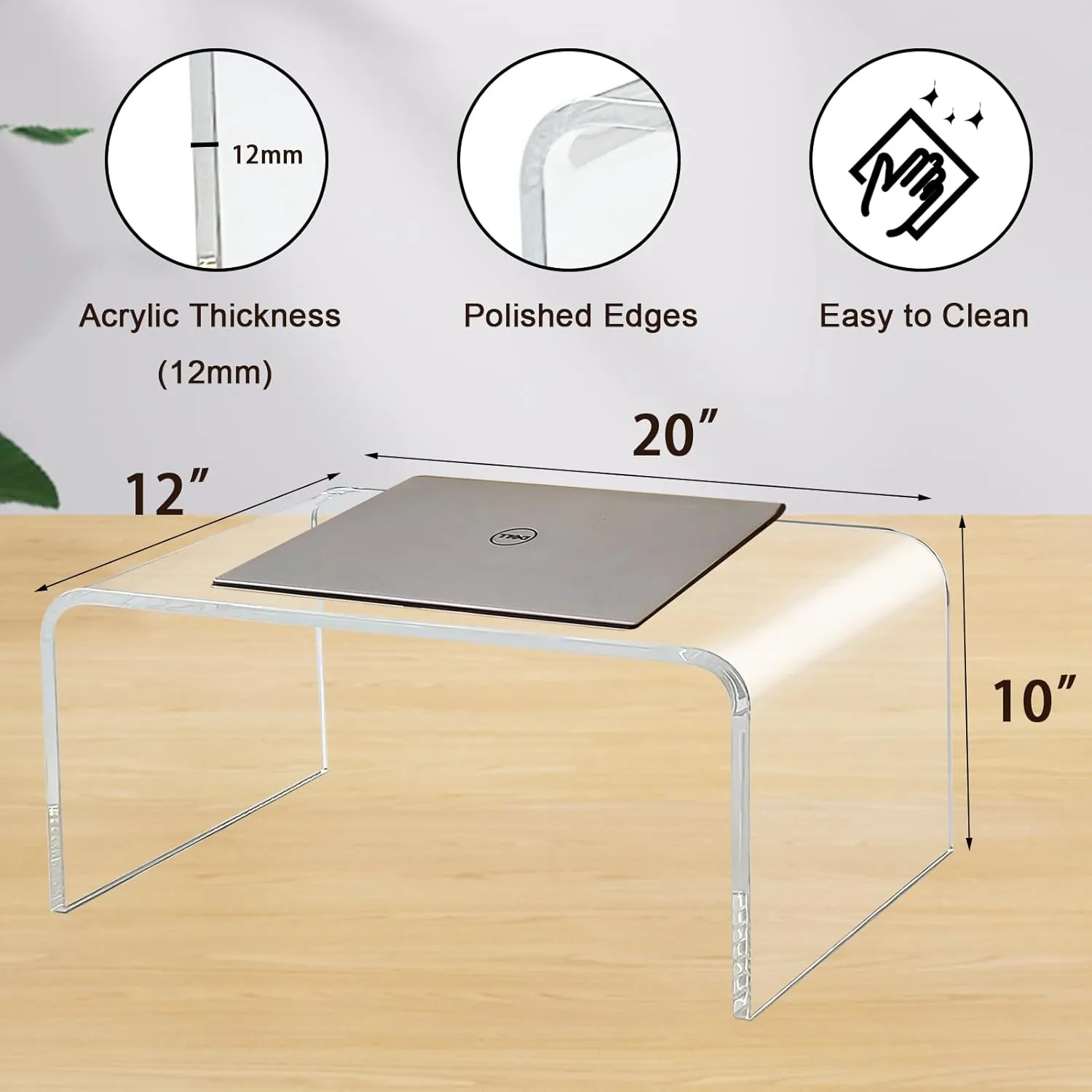 Acrylic Side Table,12" D x 20" W x 10" H, Clear Multipurpose C-Shape End Table Bed Desk Laptop Table for Living Room Bedroom Balcony Patio and Office Desk for Reading