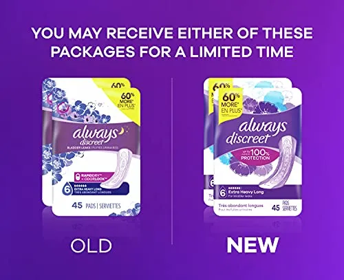 Always Discreet Extra Heavy Long Incontinence Pads, Up to 100% Leak-Free Protection, Total 90 Count