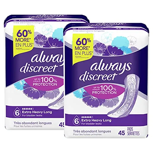 Always Discreet Extra Heavy Long Incontinence Pads, Up to 100% Leak-Free Protection, Total 90 Count