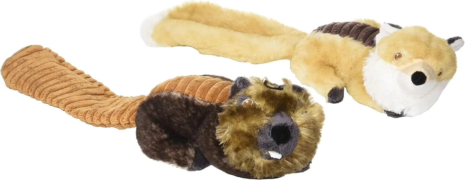 Bone Dry Squeaky Plush Pet Toy Collection, Plush, Beaver & Fox, 2, Piece