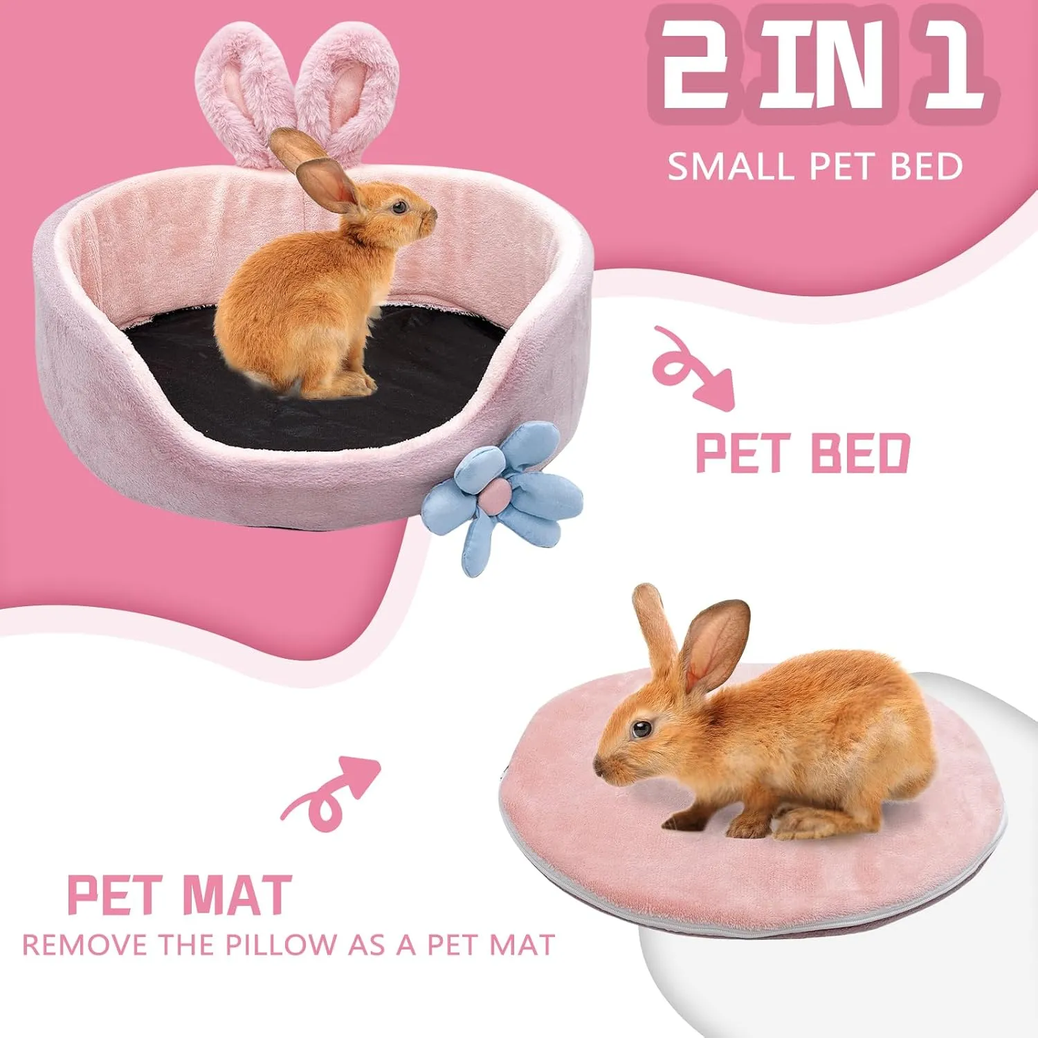 Bunny Bed, Rabbit Beds, Comfortable Guinea Pig Bed with Removable Mat, Washable Rabbit Couch, Suitable for Chinchilla, Hedgehog, Ferret (Pink)