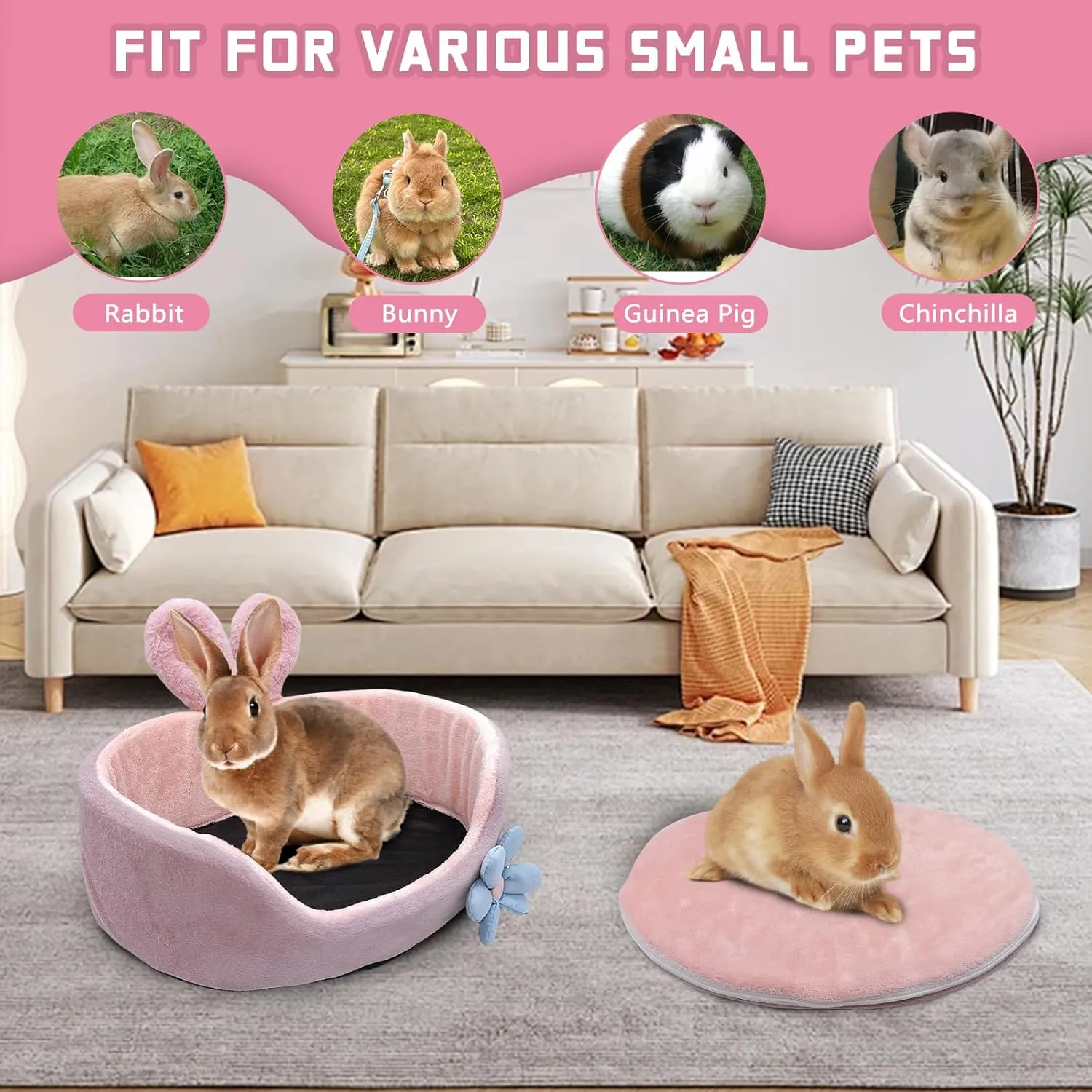 Bunny Bed, Rabbit Beds, Comfortable Guinea Pig Bed with Removable Mat, Washable Rabbit Couch, Suitable for Chinchilla, Hedgehog, Ferret (Pink)