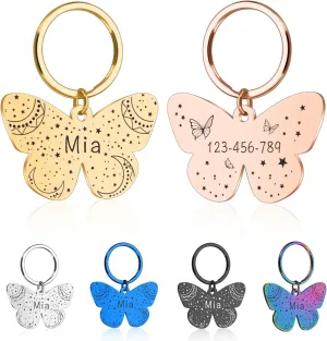 Butterfly Stainless Steel Pet ID Tags - Dog Tags Personalized for Pets, Customized Dog Collar with Name Plate Pendant, Multicolor Dog Name Tags for Small Large Dogs Cats, Front and Back Engraving