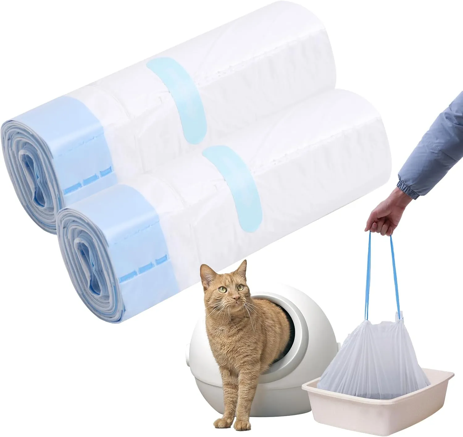 Cat Litter Box Liners, 20 Pack, Rectangular, Unscented, Low Density Polyethylene, Drawstring, Heavy-Duty, Leak-Proof, Robot 3 and 4 Compatible