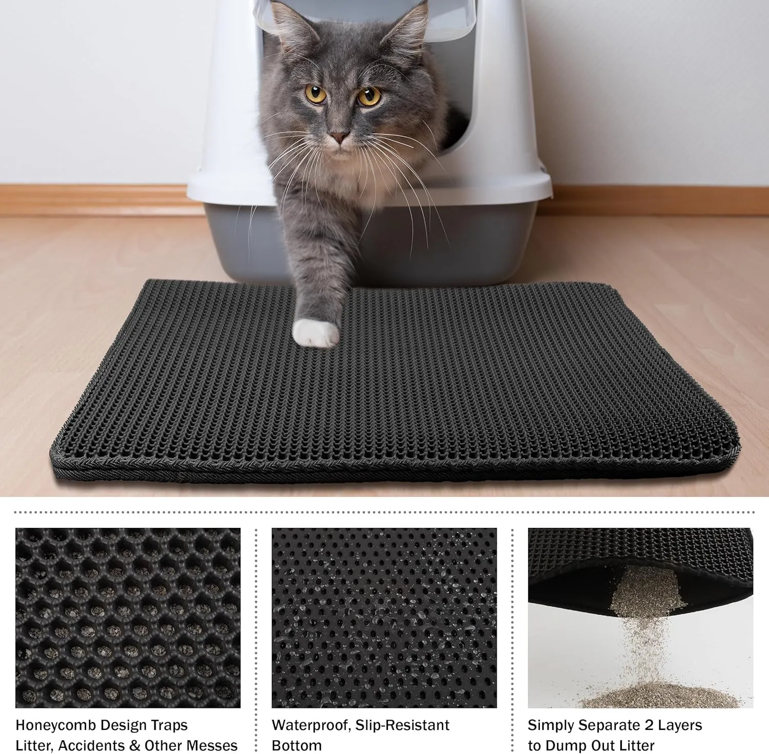 Cat Litter Mat - 30x24 Waterproof Litter Box Mat with Dual-Layer Honeycomb Design for Trapping Litter - Slip-Resistant Cat Mat by PETMAKER (Black)