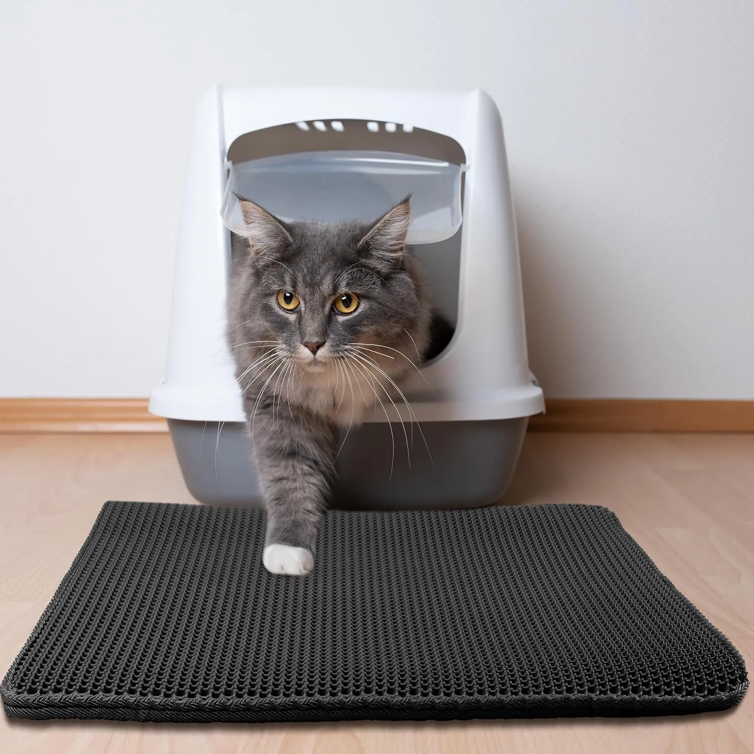 Cat Litter Mat - 30x24 Waterproof Litter Box Mat with Dual-Layer Honeycomb Design for Trapping Litter - Slip-Resistant Cat Mat by PETMAKER (Black)