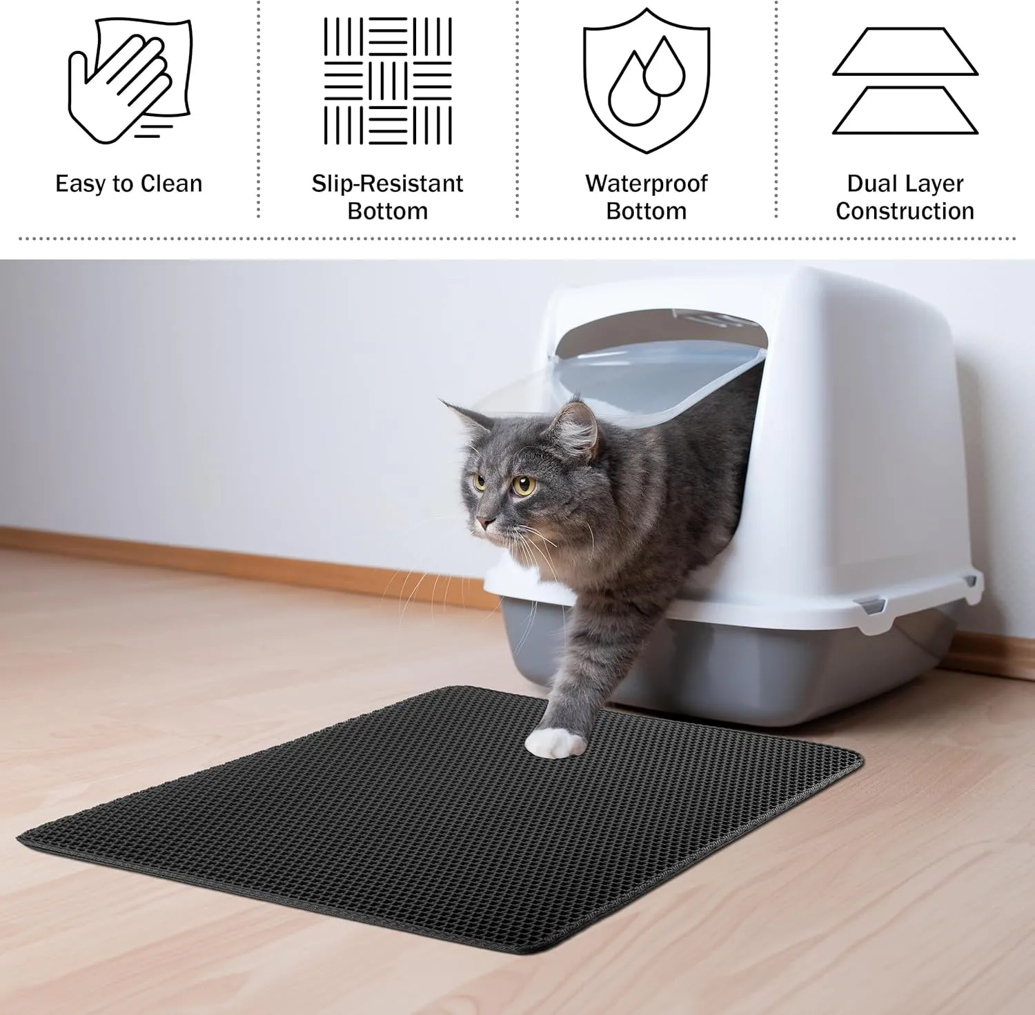 Cat Litter Mat - 30x24 Waterproof Litter Box Mat with Dual-Layer Honeycomb Design for Trapping Litter - Slip-Resistant Cat Mat by PETMAKER (Black)
