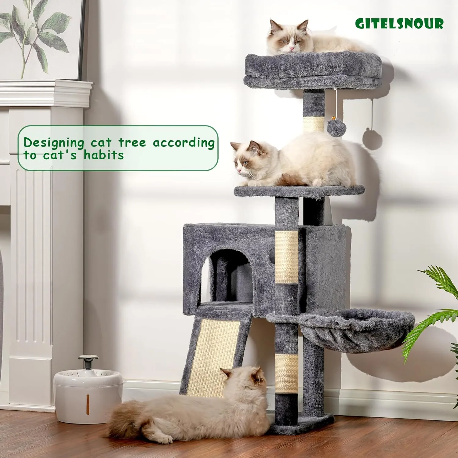 Cat Tree, 41.3" Cat Tower for Indoor Kittens with Scratching Board and Posts, Multi-Level Cozy Cat Condo with 2 Perches, Hammock, Balls, Smoky Gray GCT005SG