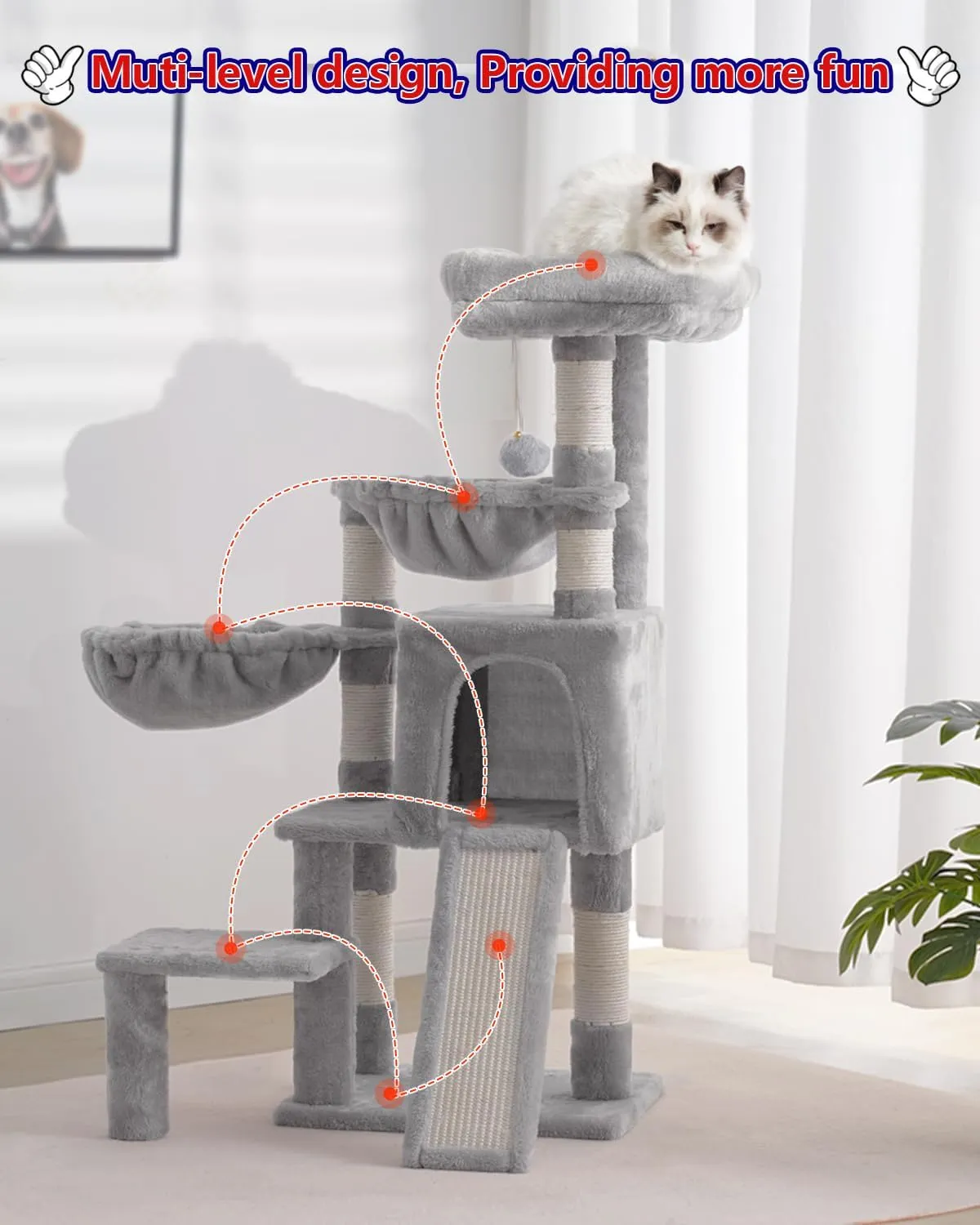 Cat Tree, Cat Tower with condo, 2 Baskets, Large Platform, Scratch Board, Cat Scratching Posts for Indoor Cats, Light Gray GCT003SW