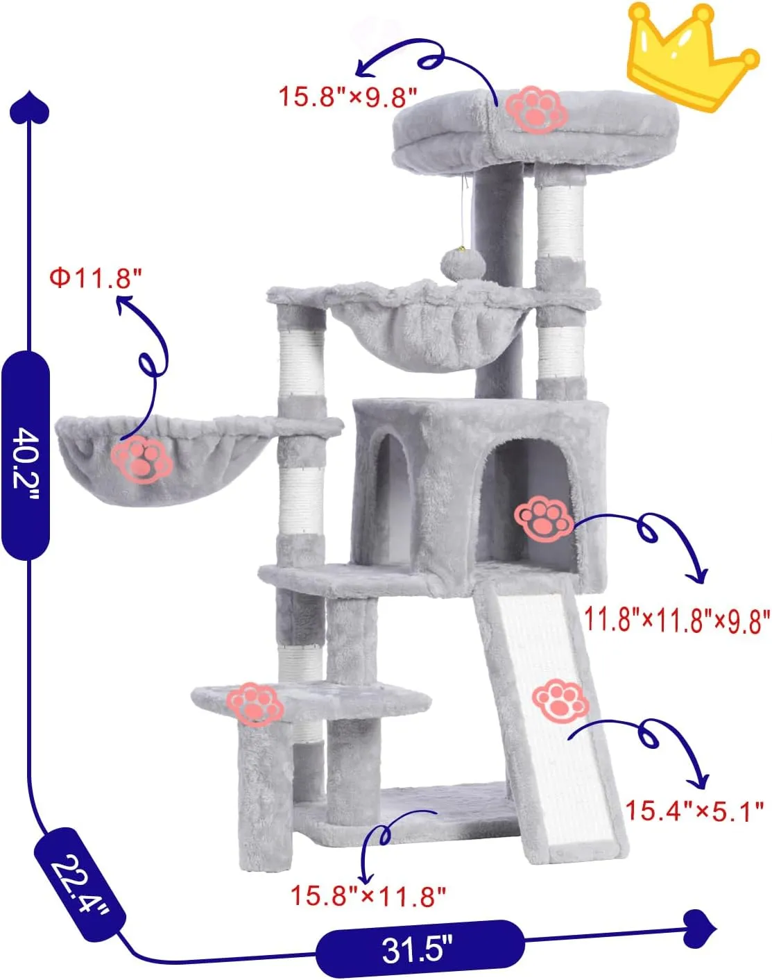 Cat Tree, Cat Tower with condo, 2 Baskets, Large Platform, Scratch Board, Cat Scratching Posts for Indoor Cats, Light Gray GCT003SW