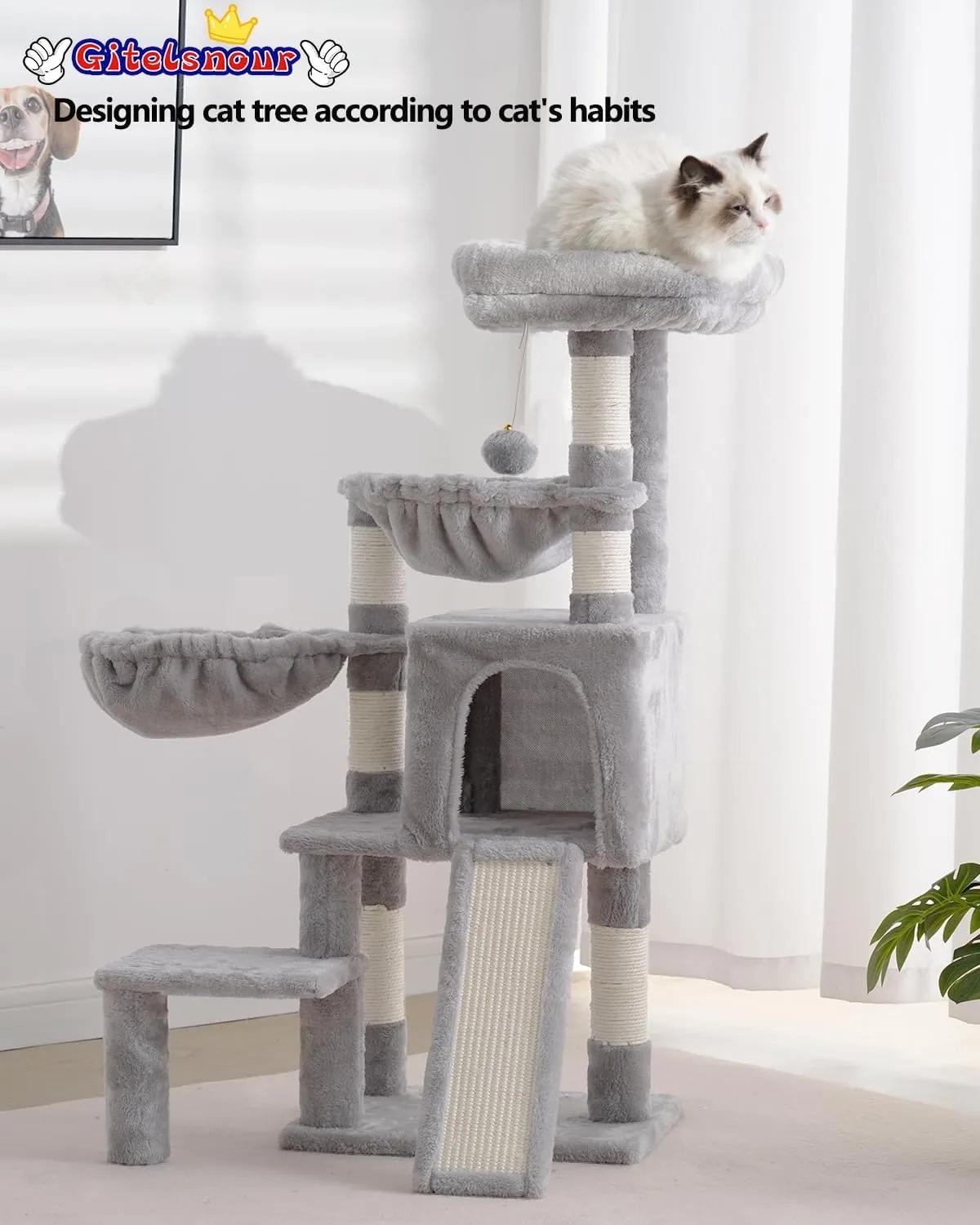 Cat Tree, Cat Tower with condo, 2 Baskets, Large Platform, Scratch Board, Cat Scratching Posts for Indoor Cats, Light Gray GCT003SW