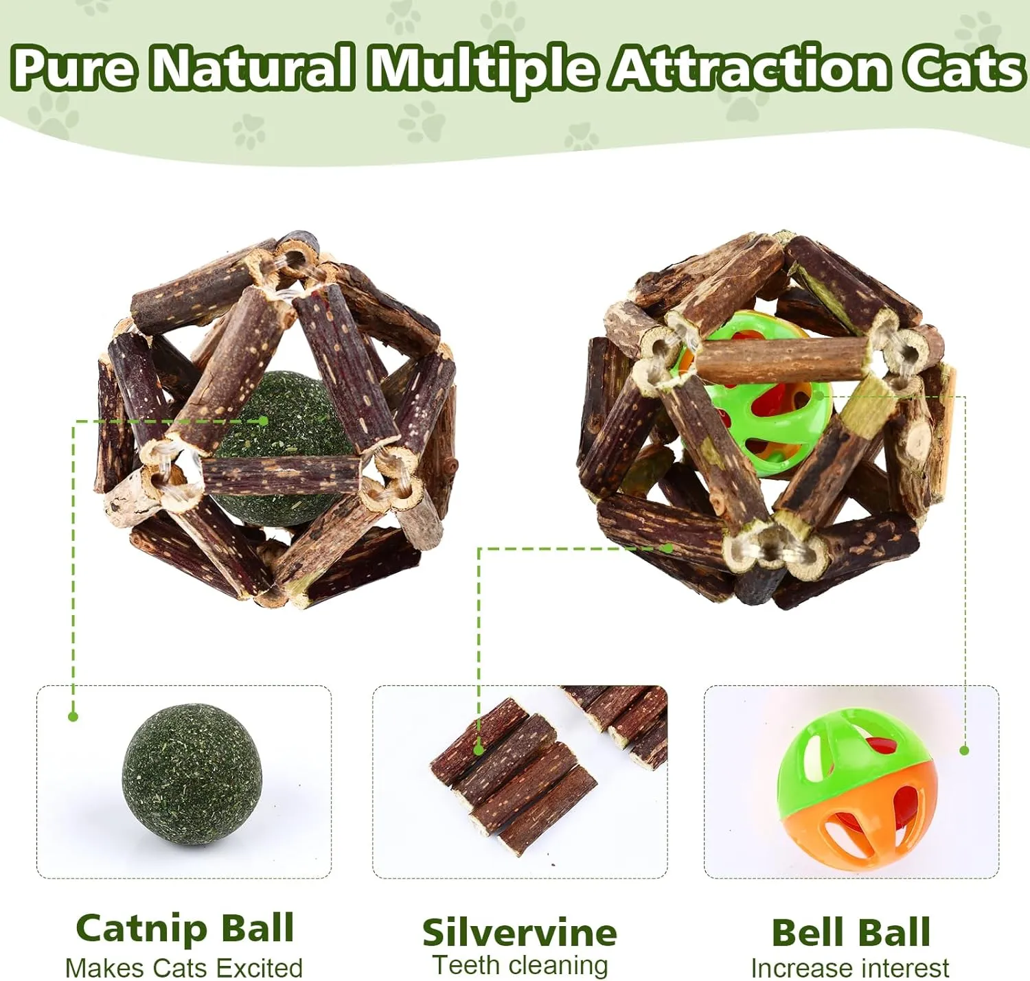 Catnip Chew Toys for Cats, 24 Pack Cat Toys with Silvervine Sticks, Natural Silvervine Stick Cage Balls & Bell Balls for Indoor Cats