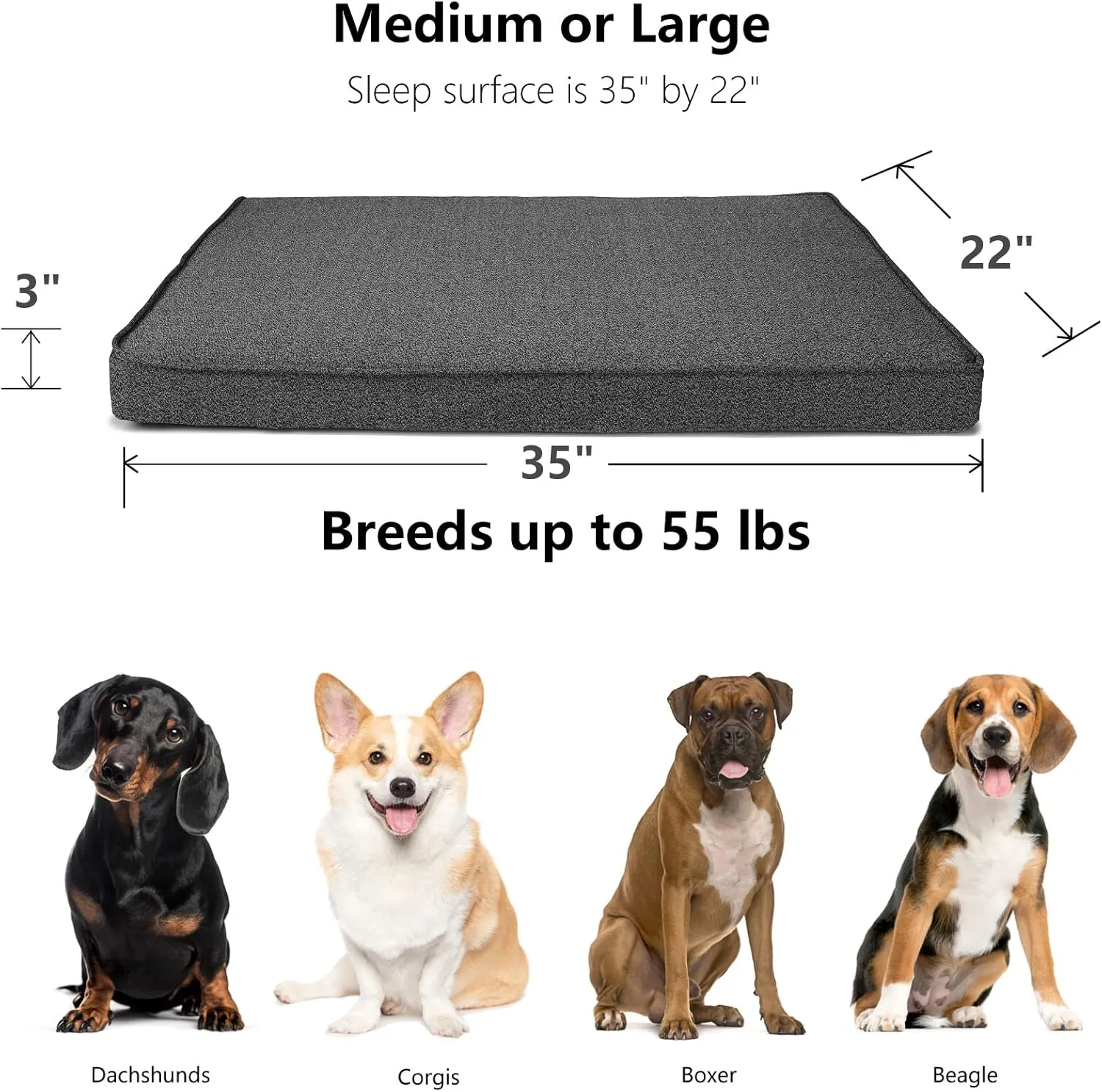 Chew Proof Dog Bed for Aggressive Chewers,Durable Dog Beds for Medium Dogs Chew Resistant with Removable Cover for Crate or Cages Orthopedic Memory Foam Grey 35" x 22"