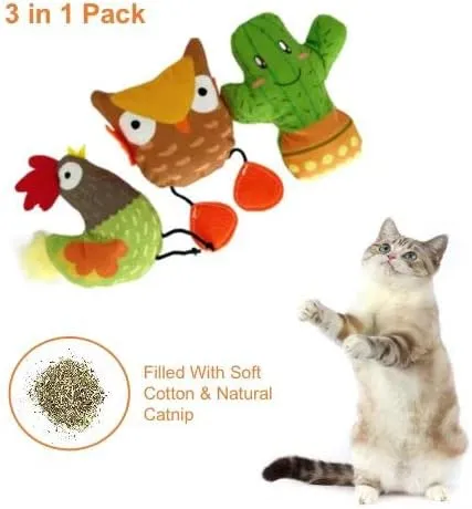 Chicken & Cactus & OWL Catnip Toy Sets for Cats & Kittens, Fun & Stimulating - Multiple Colors & Styles (Animal Print)