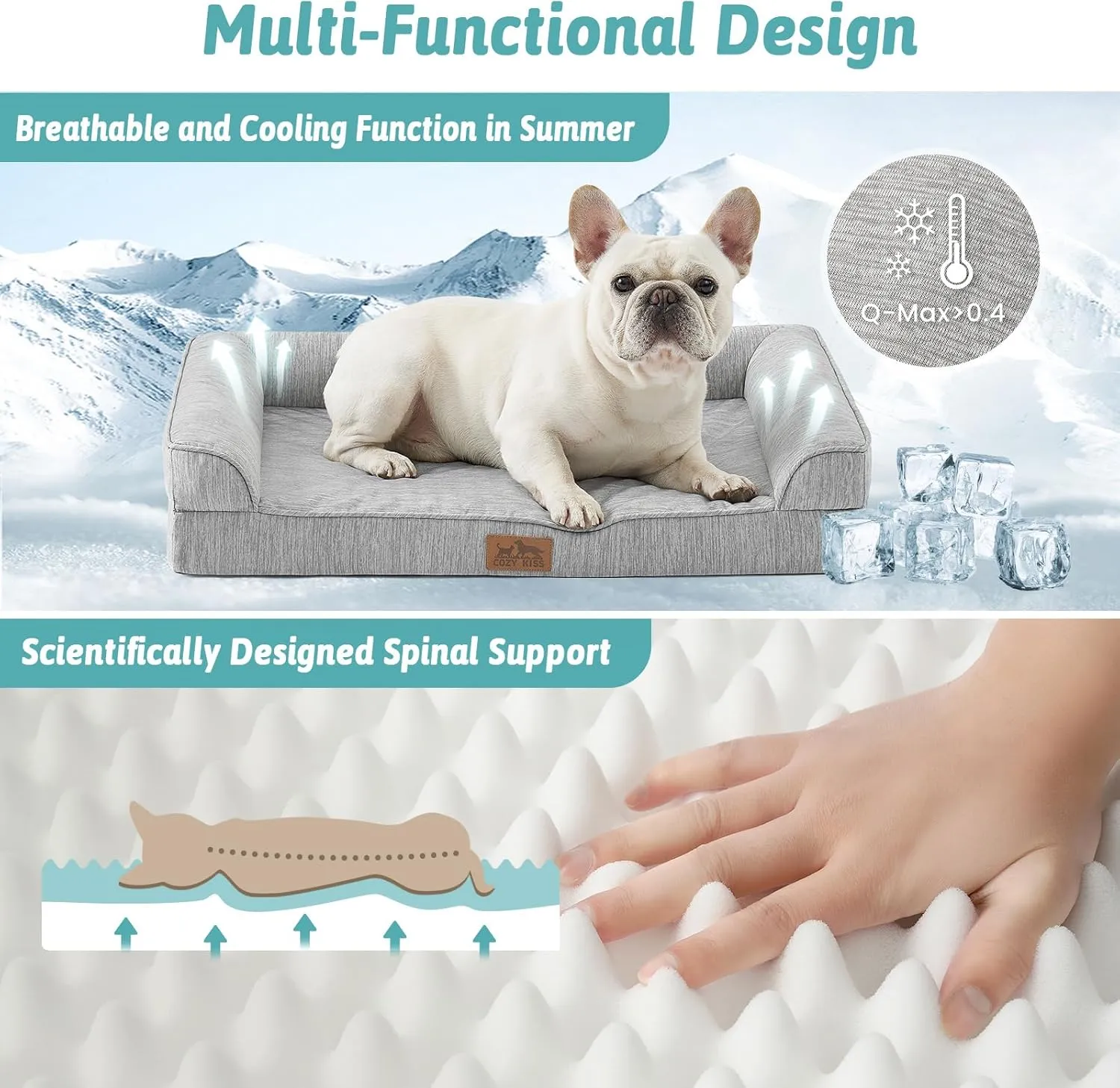 Cooling Dog Bed, Orthopedic Foam Dog Bed with Sides, Removable Cover & Waterproof Lining and Nonskid Bottom, Comfortable Pet Beds for Extra Large Dogs, Grey (48" L x 32" W x 7.5" Th)