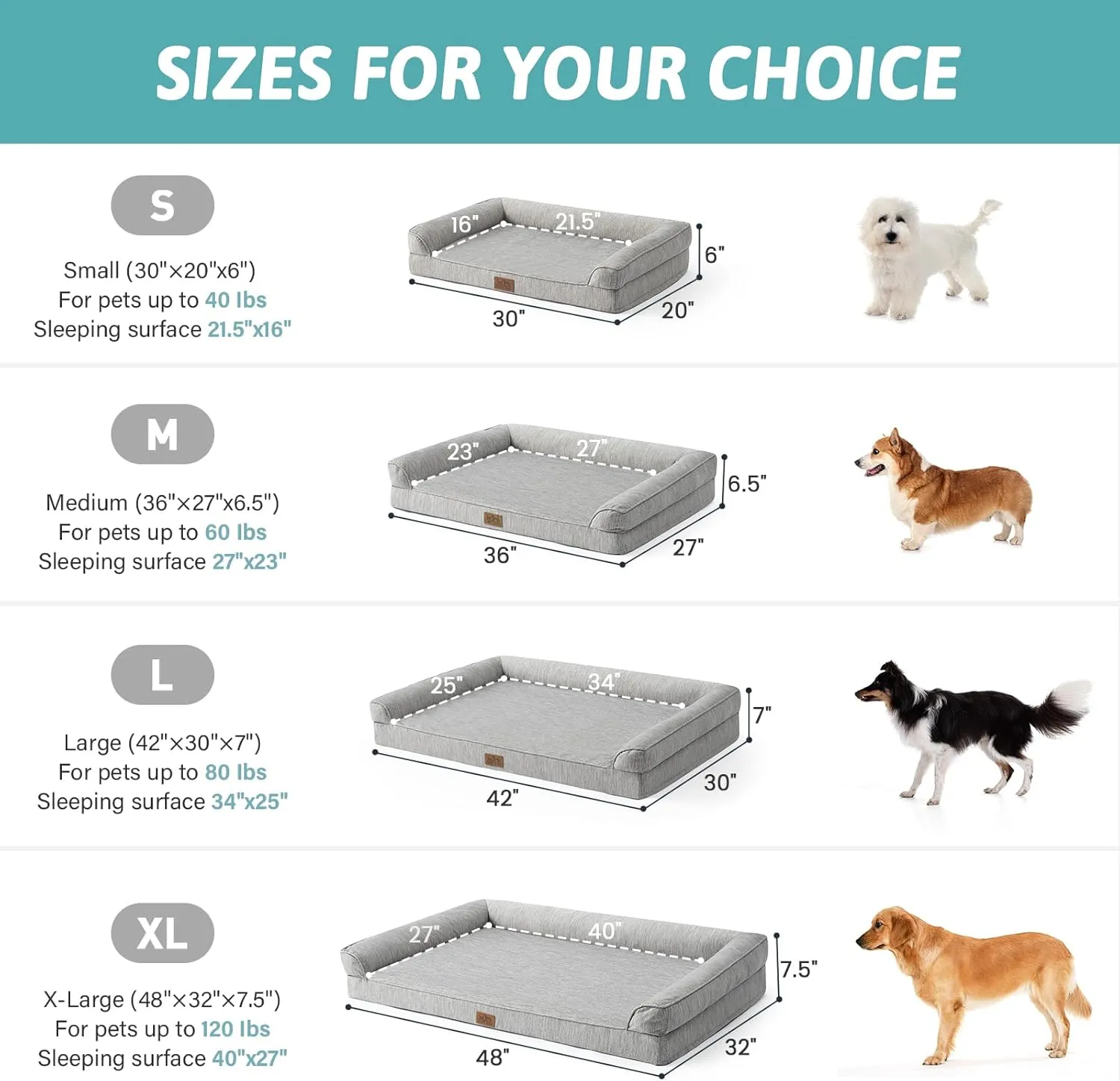 Cooling Dog Bed, Orthopedic Foam Dog Bed with Sides, Removable Cover & Waterproof Lining and Nonskid Bottom, Comfortable Pet Beds for Extra Large Dogs, Grey (48" L x 32" W x 7.5" Th)