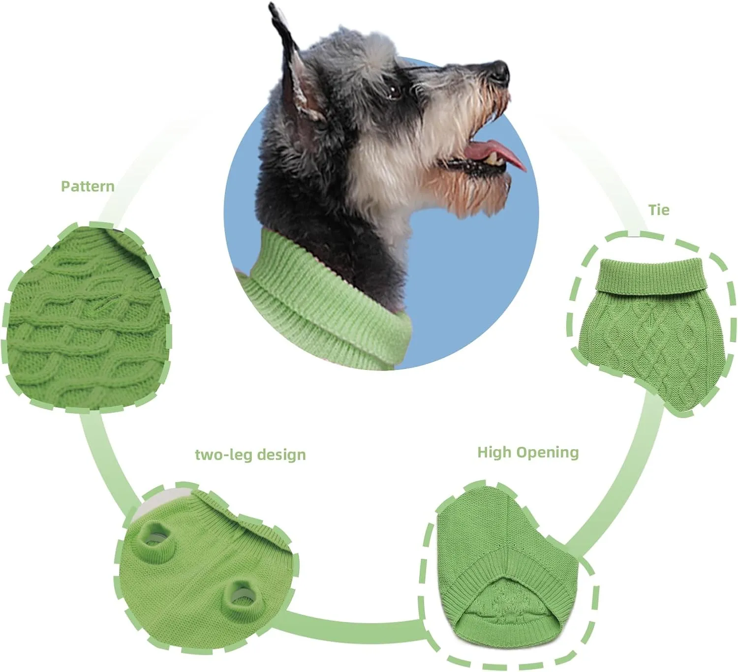 Dog Pullover Sweater, Cold Weather Cable Knitwear, Warm Clothes for Chihuahua, Bulldog, Dachshund, Pug, Yorkie,Dog Outfits for Small Dogs Medium Dogs (Green XS)