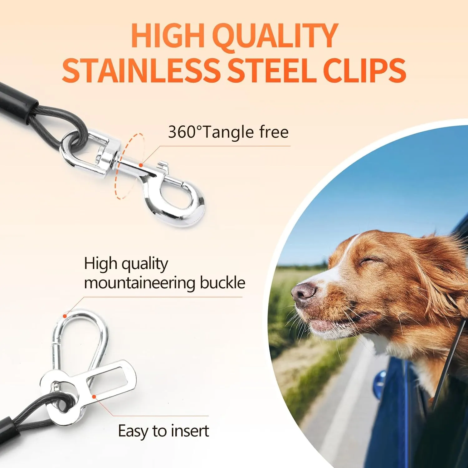 Dog Seat Belt for Car, 2pcs Coated Wire Leash, Double Clip Safety Restraint, Chew Proof Tether Cable, 32inch, Black