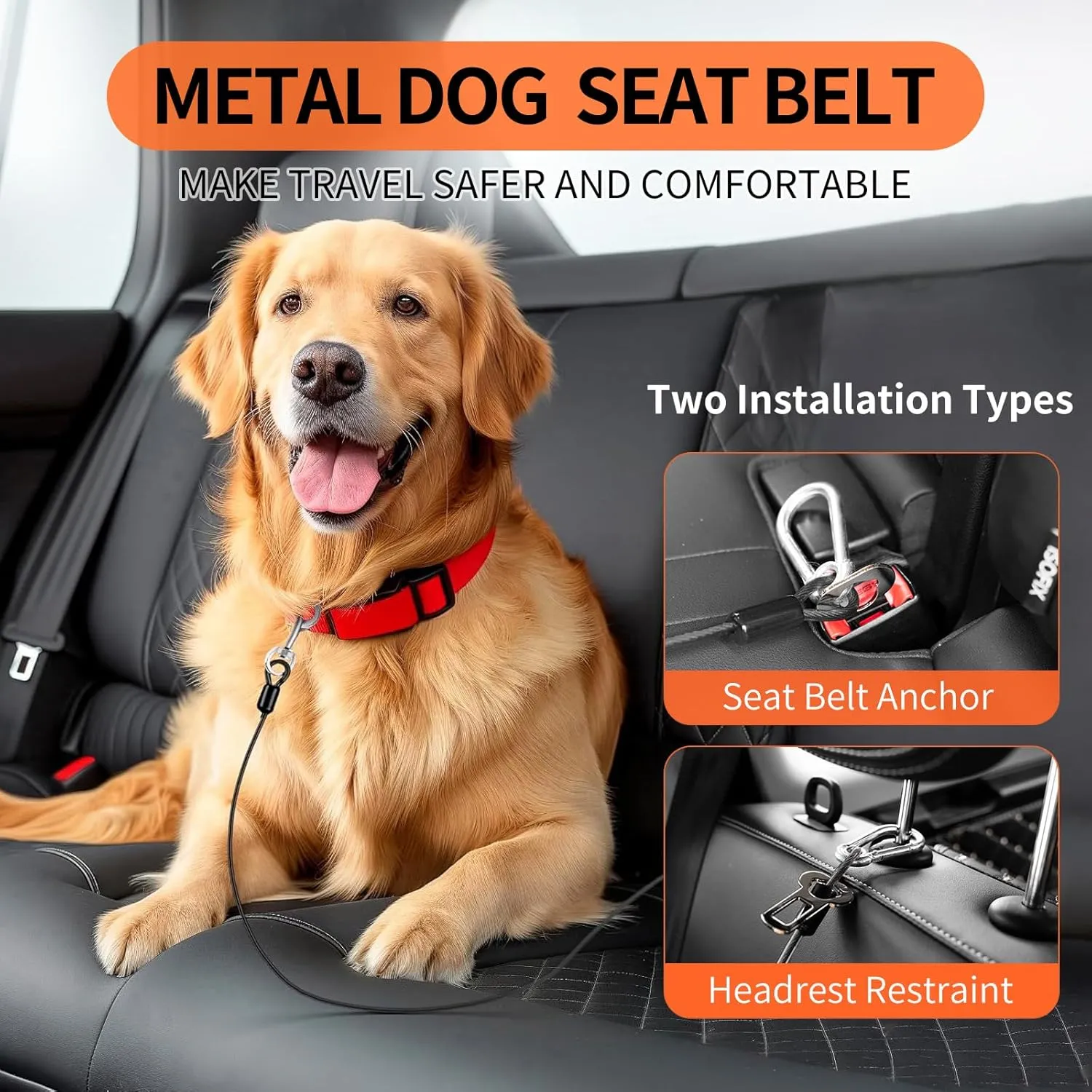 Dog Seat Belt for Car, 2pcs Coated Wire Leash, Double Clip Safety Restraint, Chew Proof Tether Cable, 32inch, Black