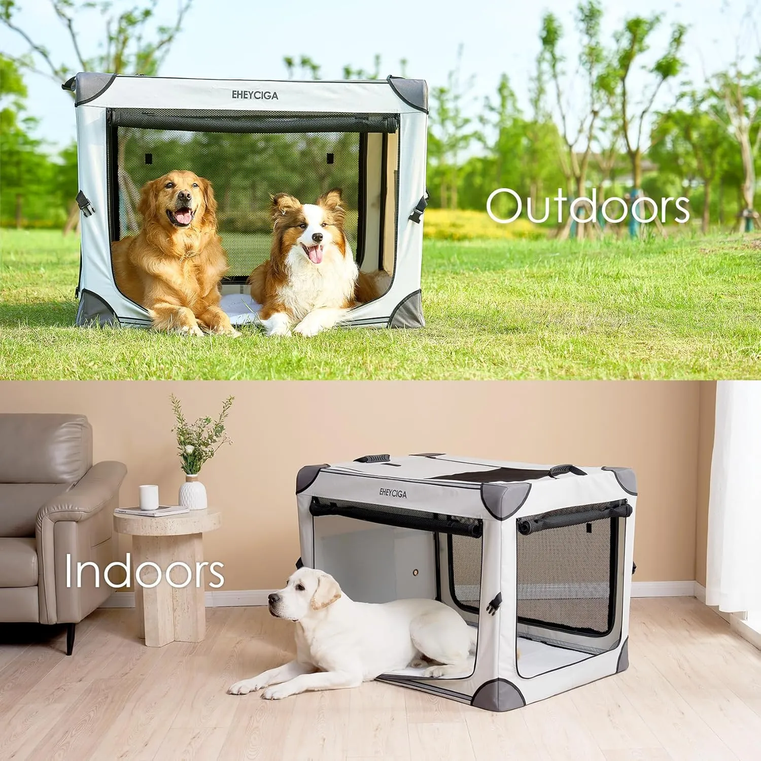 EHEYCIGA Collapsible Dog Crate 30 Inches, Portable Travel Crate for Medium Dogs, Soft Foldable Pet Kennel with 4-Door Mesh Windows Indoor & Outdoor, Grey