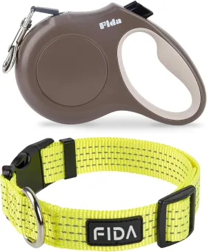 Fida Retractable Dog Leash and Reflective Dog Collar Set, Nylon Dog Collars with Neon Colors for Small/Medium/Large Dogs, High Visibility Dog Collars with Safety Locking Buckle(Large, Neon Yellow)