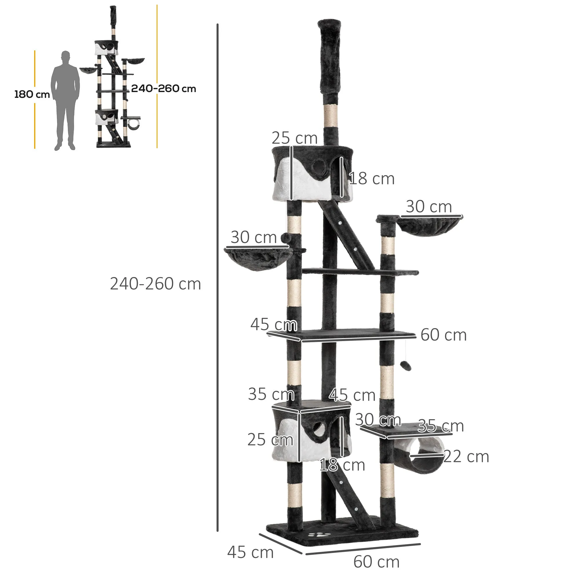Floor-to-Ceiling Cat Tree for Indoor Cats, 240-260cm Adjustable Cat Tree - White