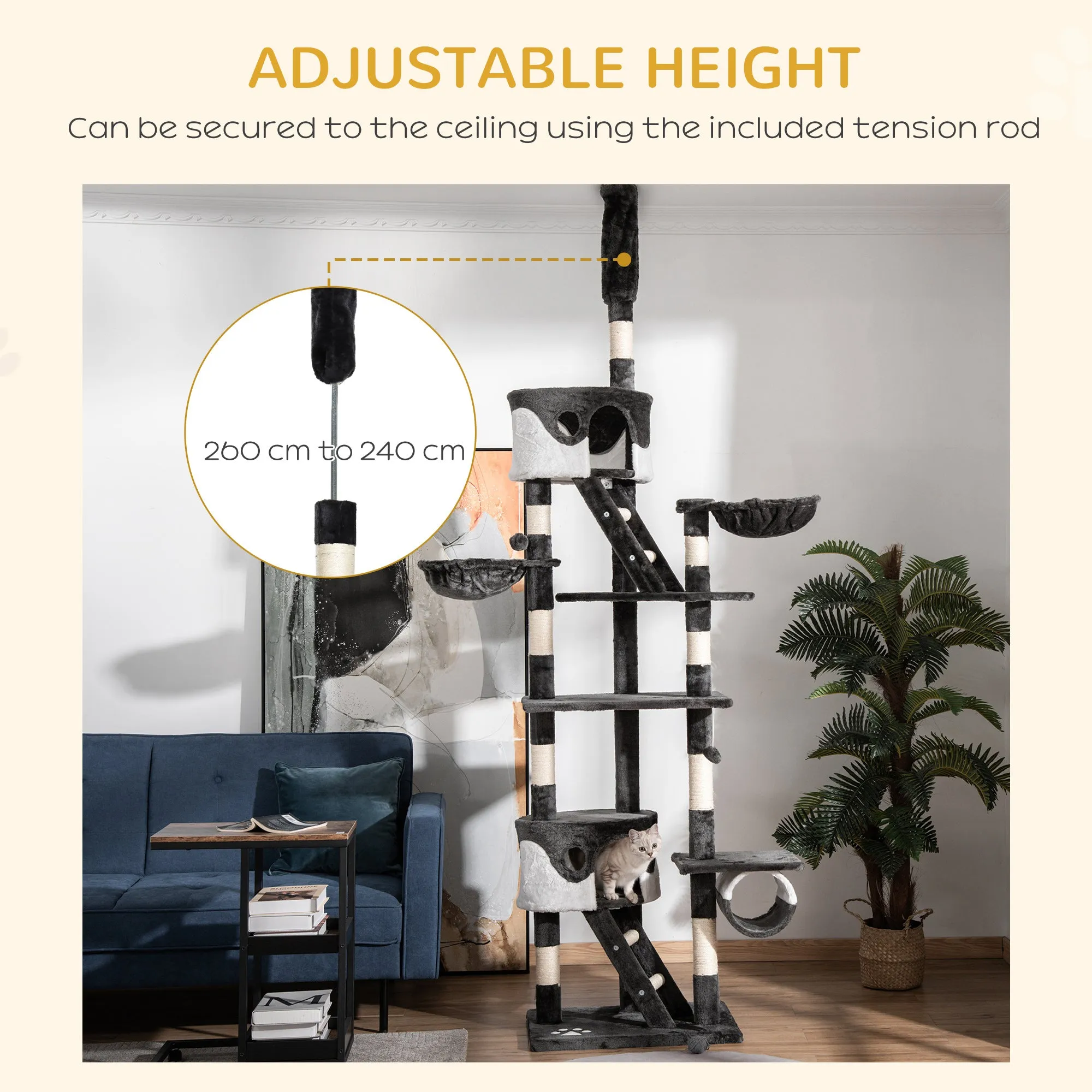 Floor-to-Ceiling Cat Tree for Indoor Cats, 240-260cm Adjustable Cat Tree - White