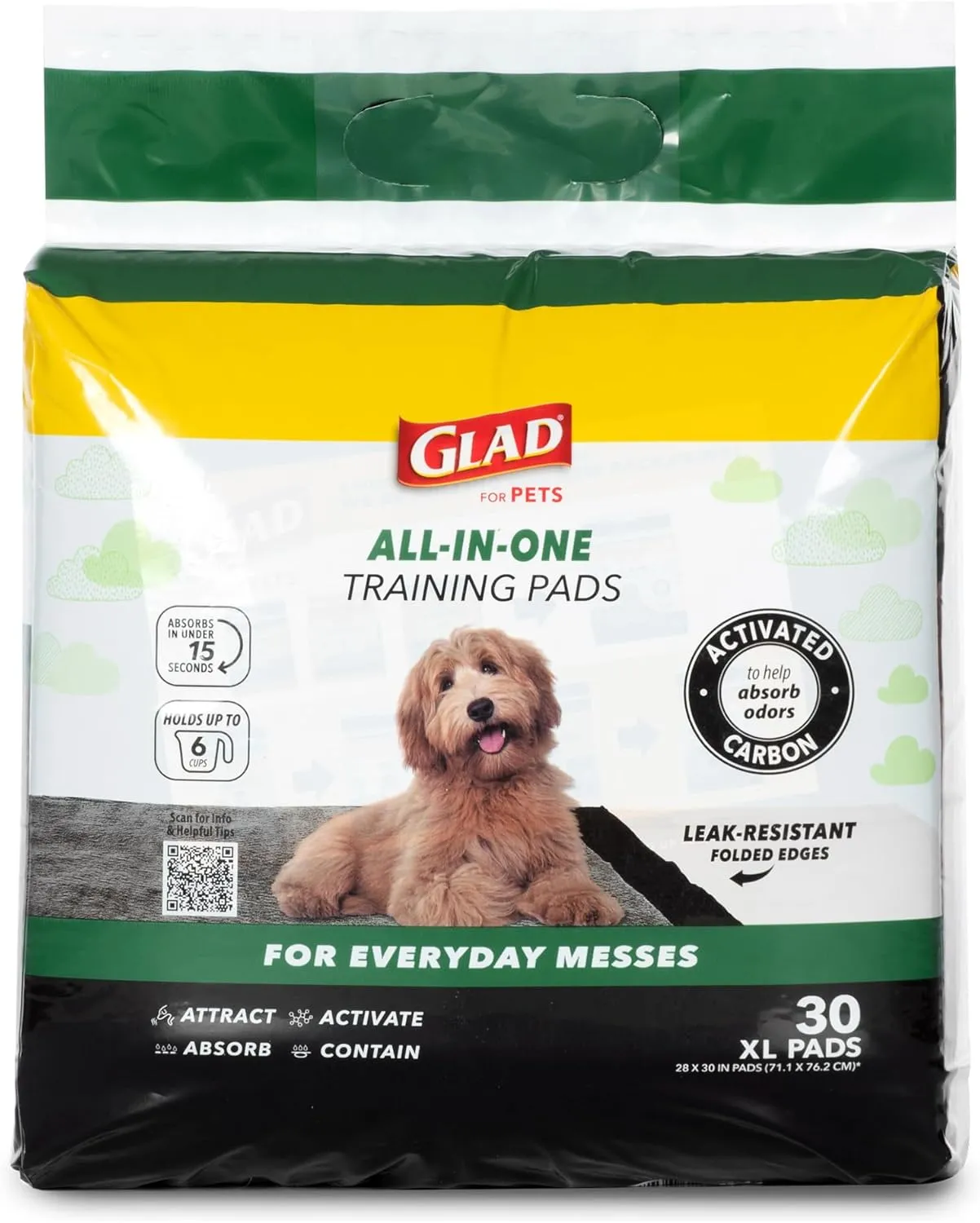 Glad for Pets Extra Large Charcoal Dog Training Pads - Absorbent Disposable Pee Pads for Dogs, Cats & Puppies - Jumbo-Size Potty Pads that Neutralize Urine Instantly - 30 Count Pet Supplies