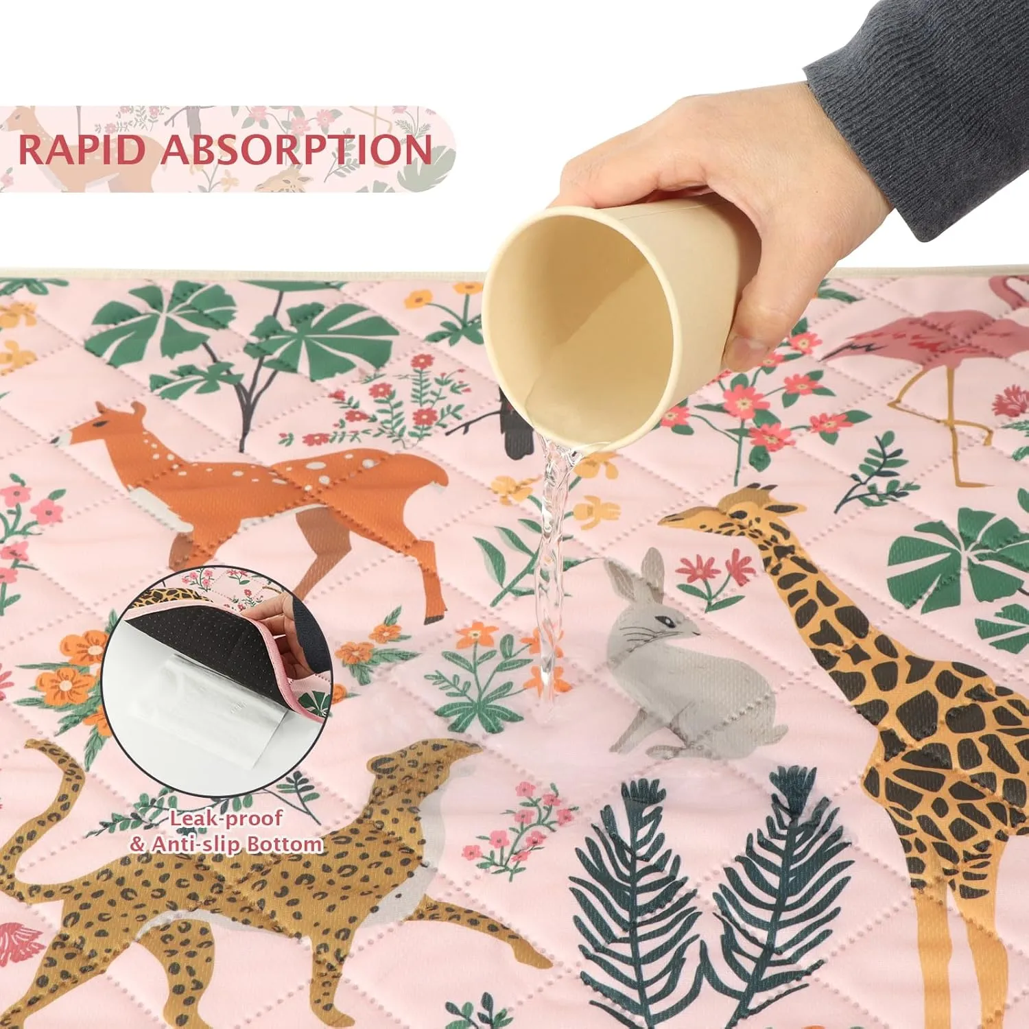 IEUUMLER Washable Pee Pads for Dogs, 1 Pack Forest Pattern Reusable Waterproof Puppy Pads, Non-Slip Super Absorbent Dog Training Pad for Playpen Crate Bed EU013 Pink Jungle, 48x48
