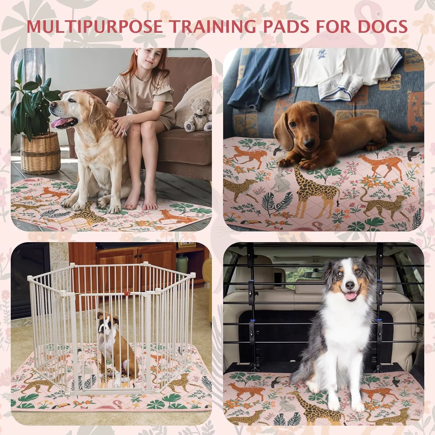 IEUUMLER Washable Pee Pads for Dogs, 1 Pack Forest Pattern Reusable Waterproof Puppy Pads, Non-Slip Super Absorbent Dog Training Pad for Playpen Crate Bed EU013 Pink Jungle, 48x48