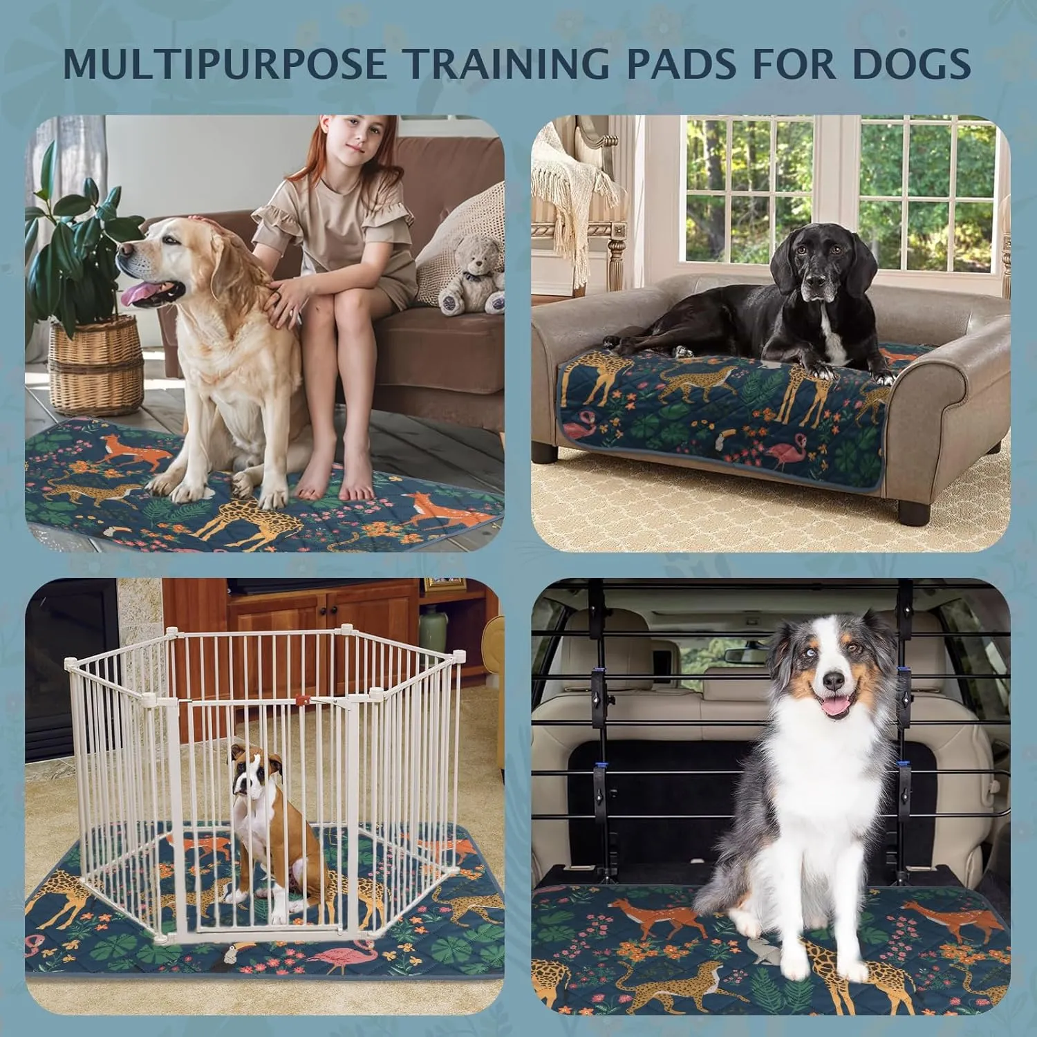 IEUUMLER Washable Pee Pads for Dogs, 2 Pack Forest Pattern Reusable Waterproof Puppy Pads, Non-Slip Super Absorbent Dog Training Pad for Playpen Crate Bed EU013 Navy Blue Jungle, 30x20