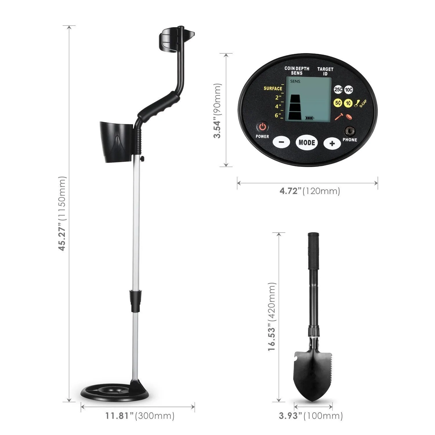INTEY Metal Detector with LCD Showing Detecting Depth and High-accuracy Discrimination in Oxford Carry Bag (With Multi-function folding shovel)